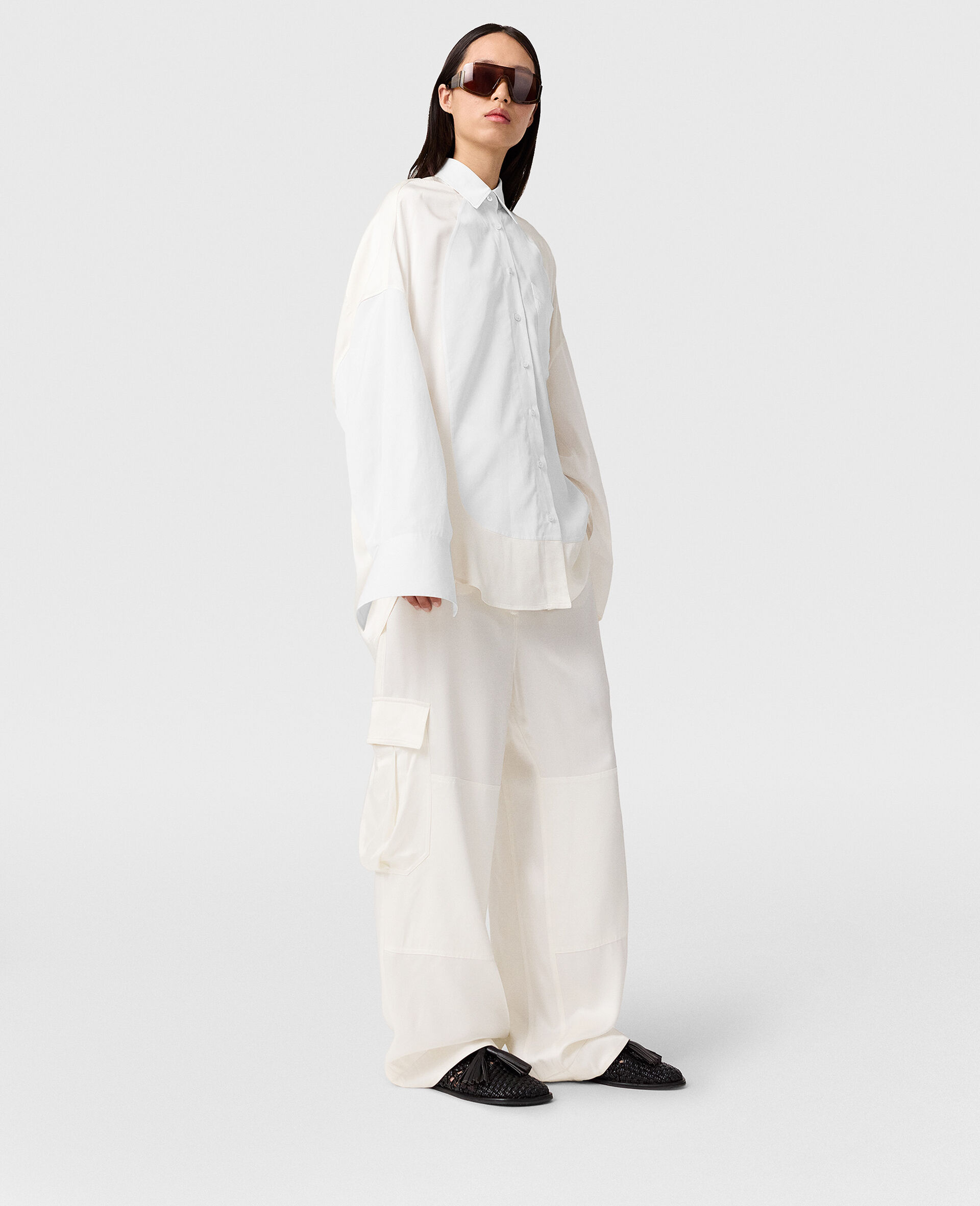 Chemise oversize a empiecements en satin-Blanc-large image number 5