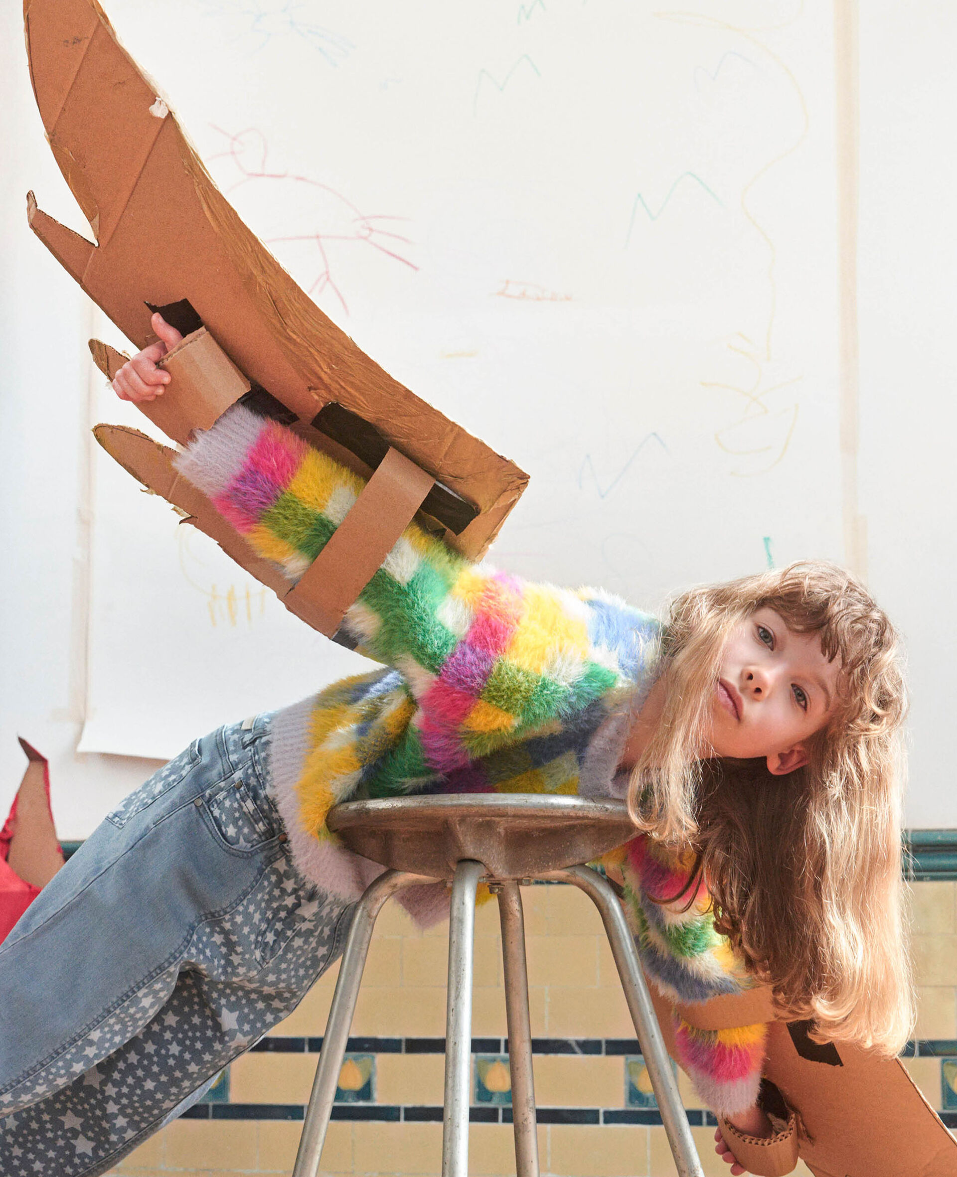 Rainbow Check Knitted Cardigan-Multicolour-model