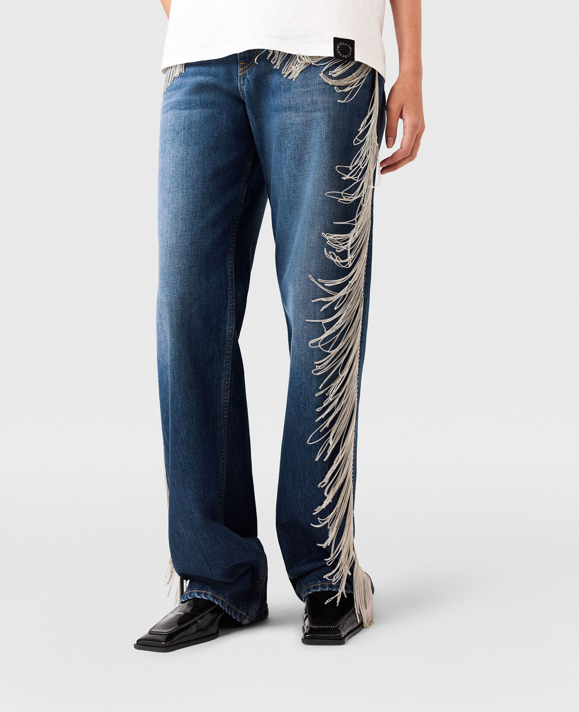 Chain Tassel Straight-Leg Denim Jeans-Blue-large image number 4