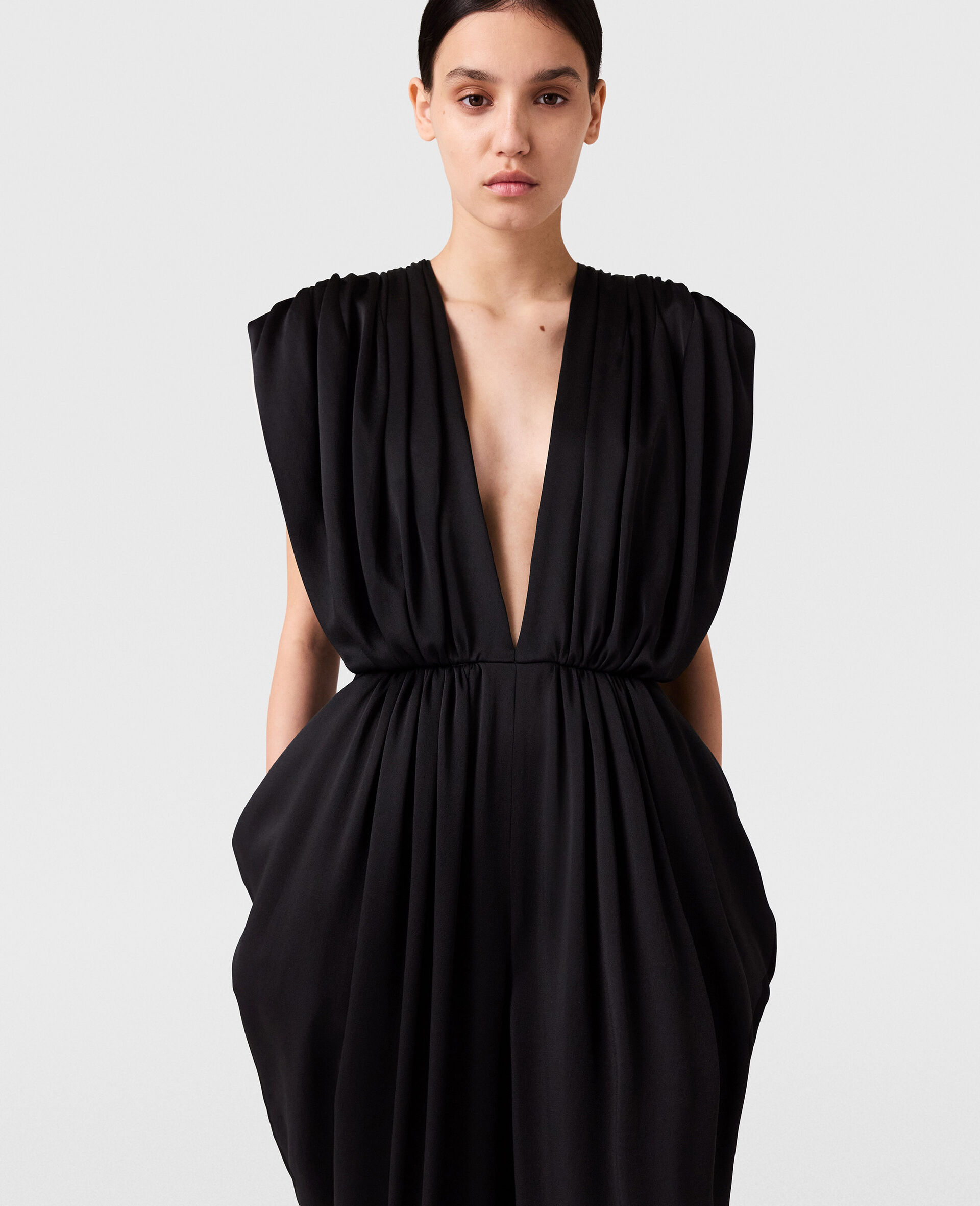 Deep V-Neck Shoulder Pad Pleated Jumpsuit-Black-large image number 4