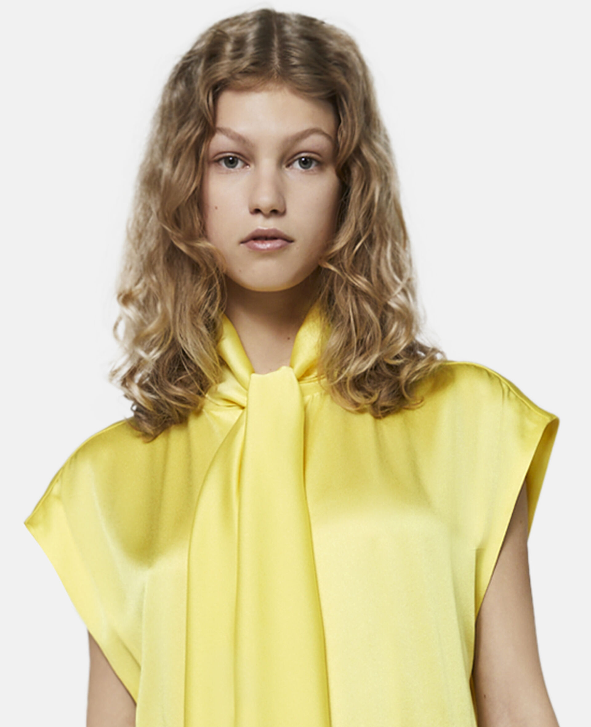 Silk Asymmetric Shirt Dress-Yellow-large image number 3