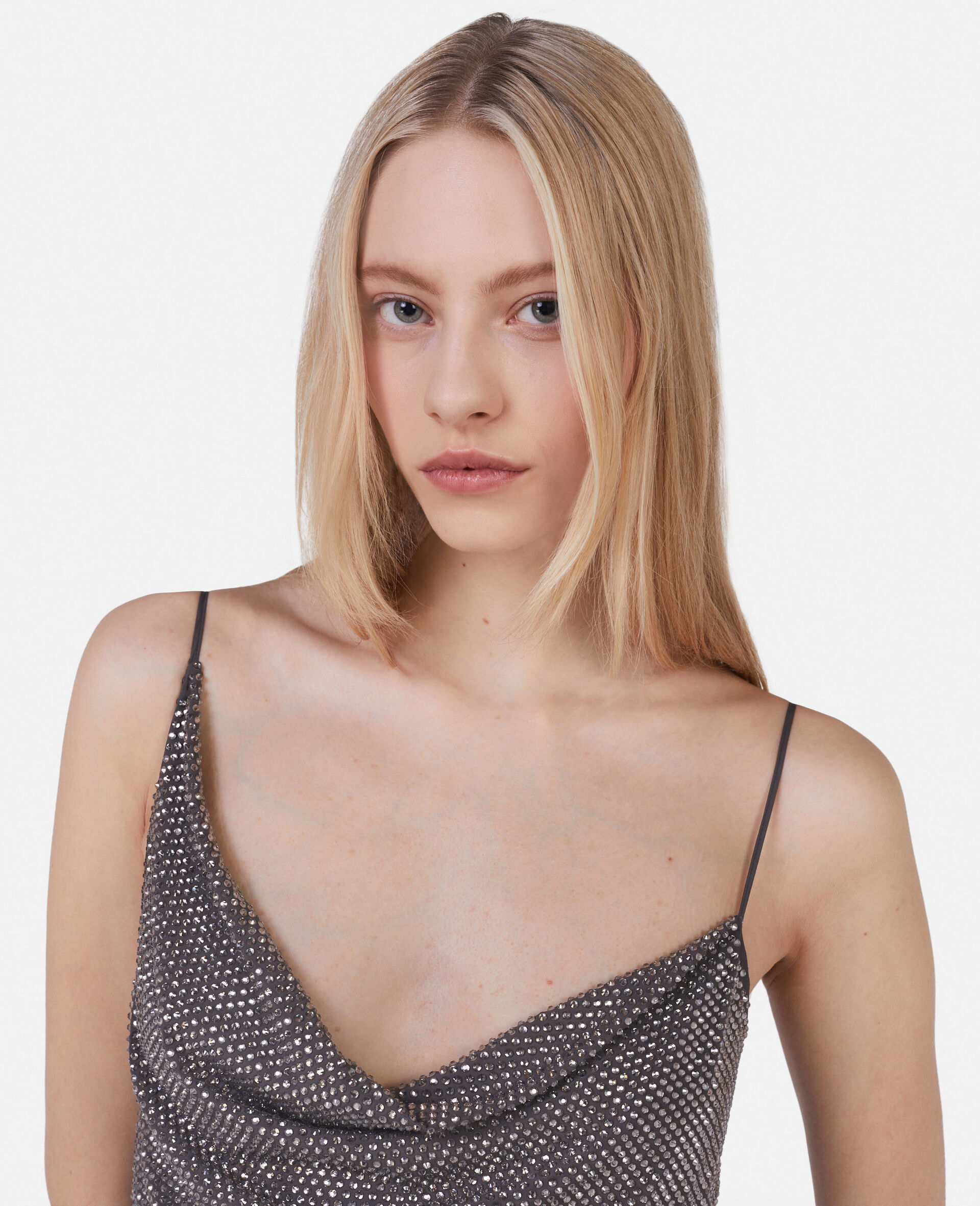 Crystal Embellished Asymmetric Cowl Neck Dress-Brown-large image number 3