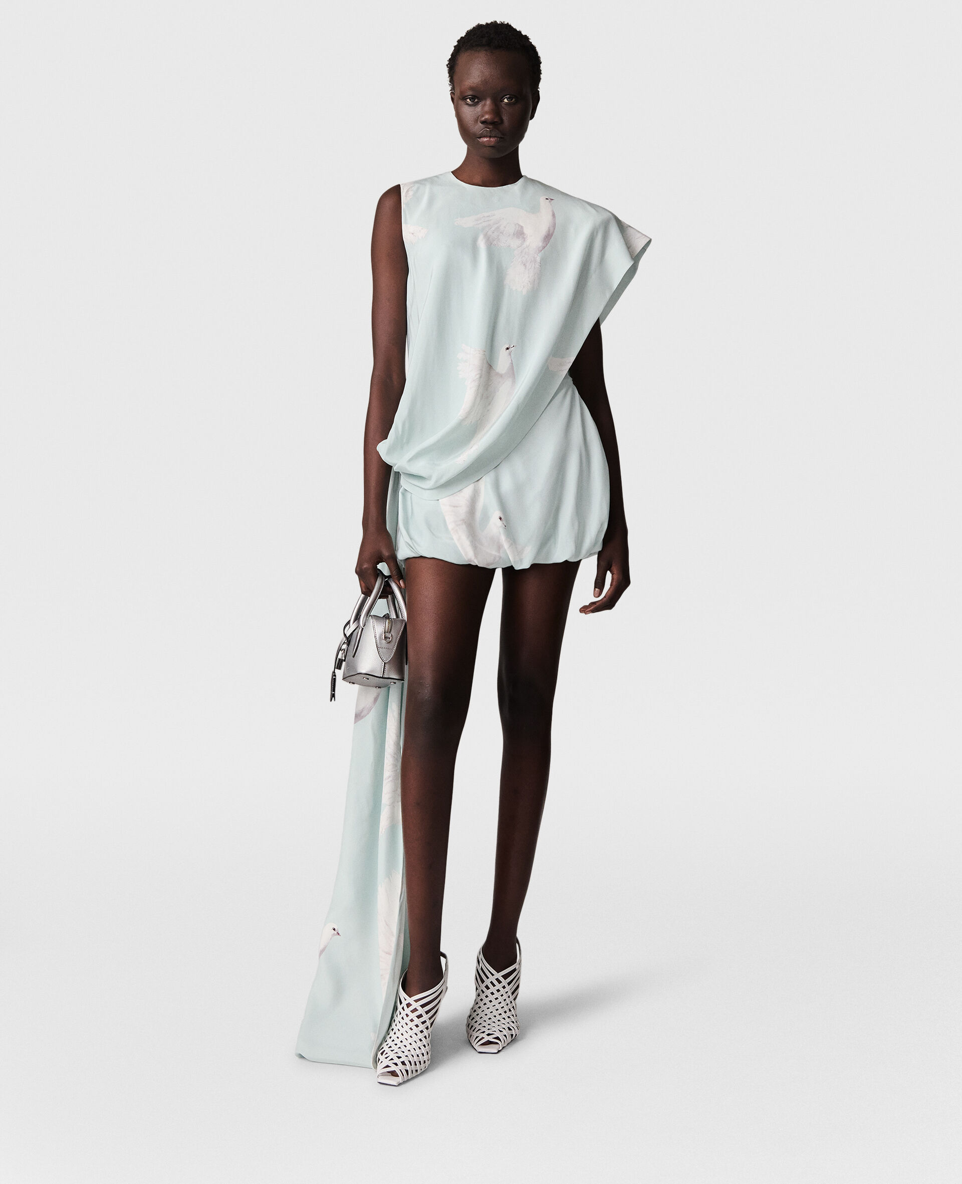 Minikleid mit geknotetem Detail, Schleppe und Tauben-Print-Blau-large image number 1