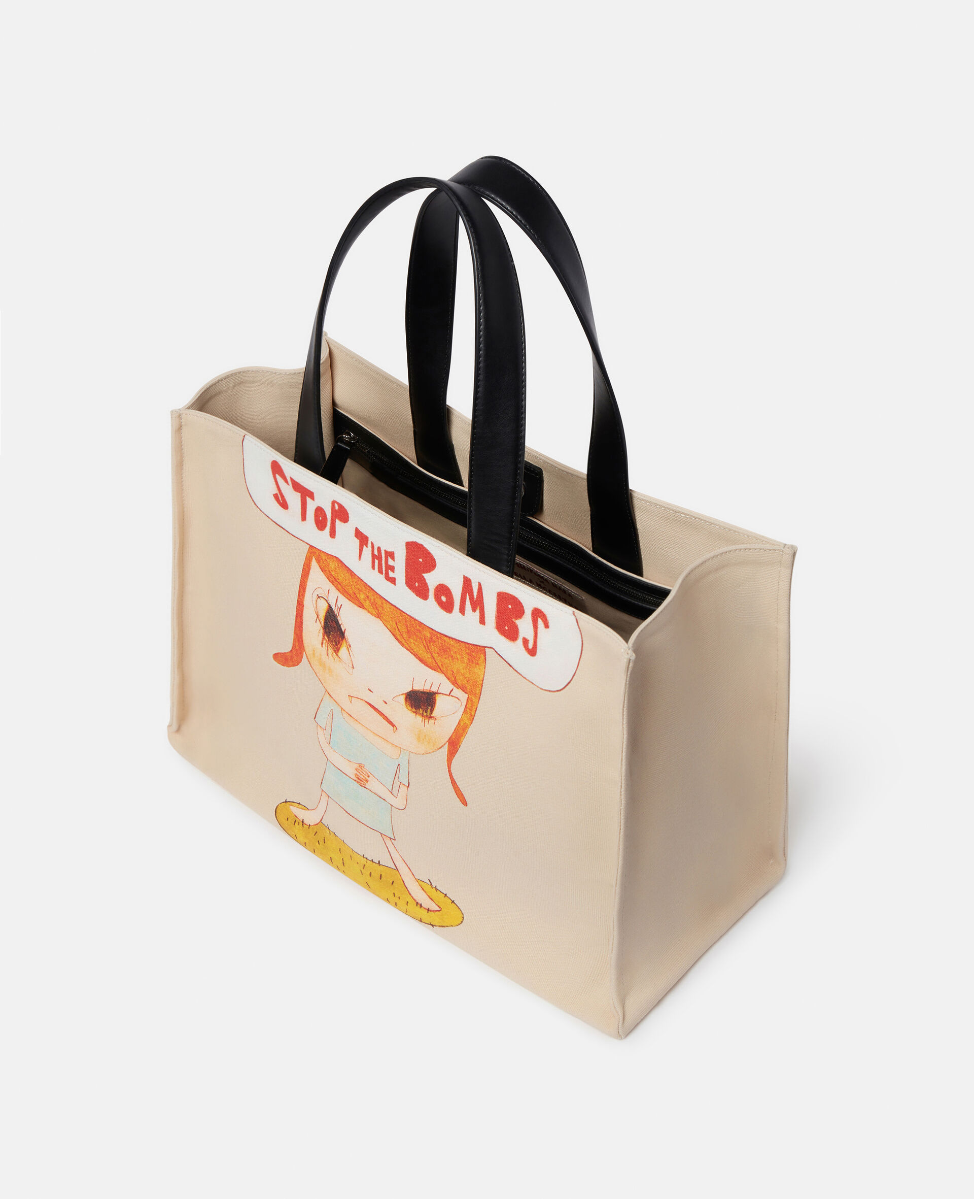 Stop the Bombs Print Cotton Canvas Tote Bag-Beige-large image number 4