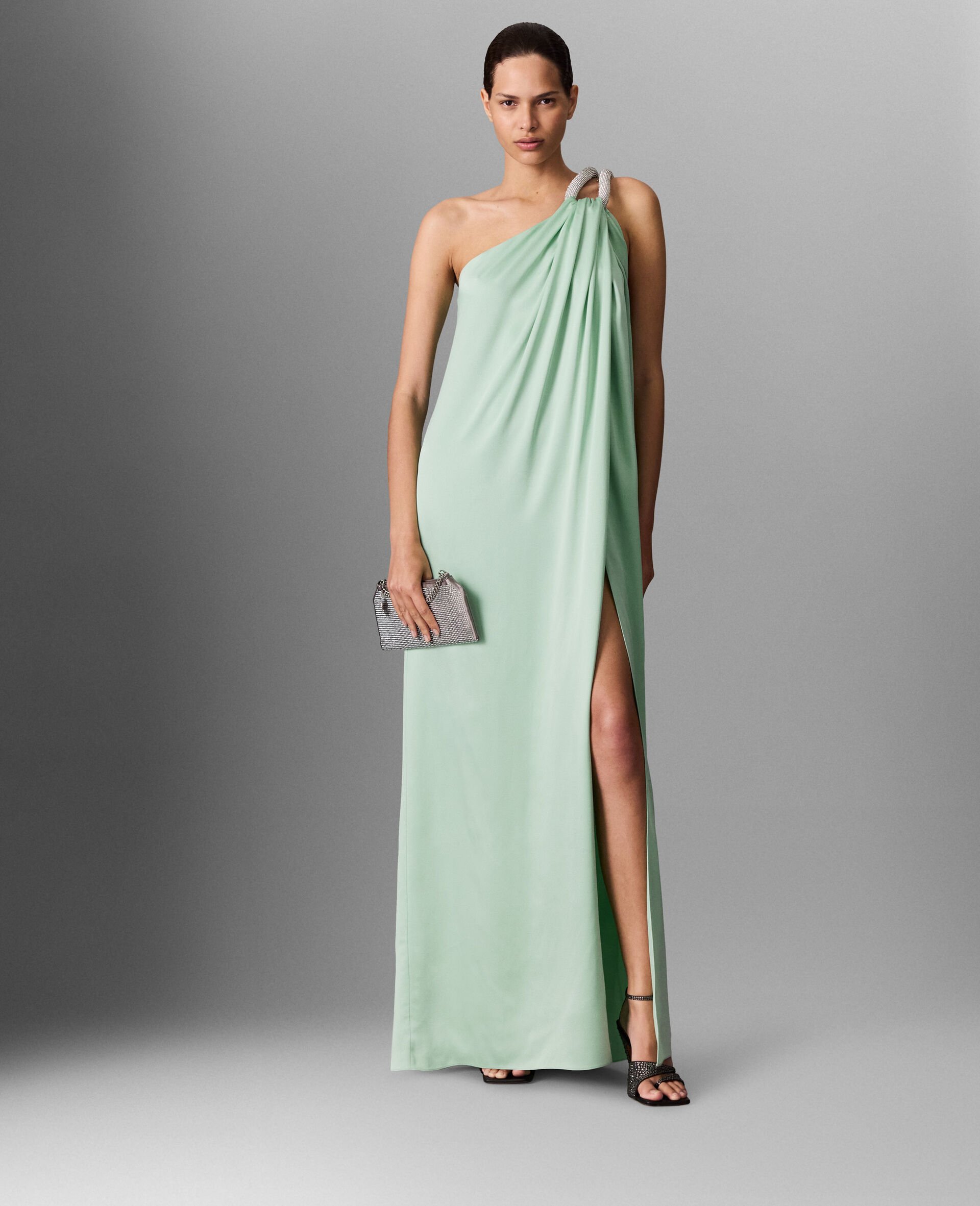 Lead-Free Crystal Chain Link Asymmetric Draped Maxi Dress-Green-model