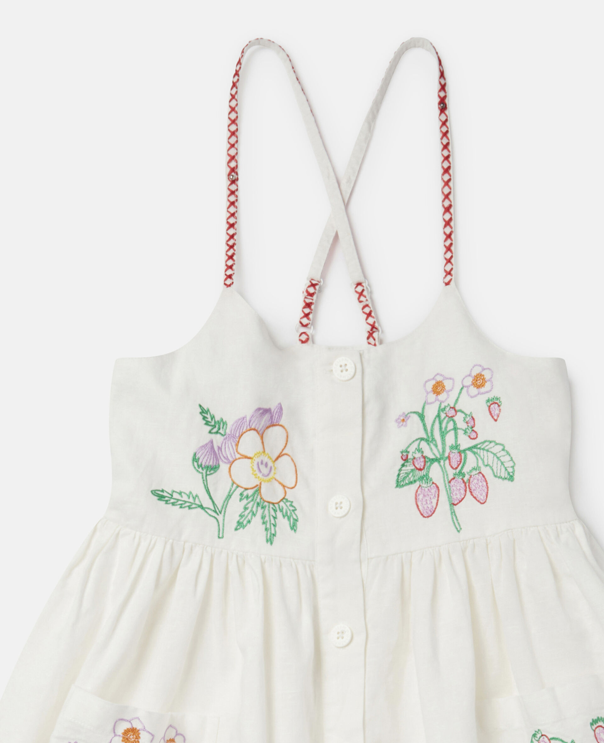 Flower Embroidered Linen Dress-White-large image number 1