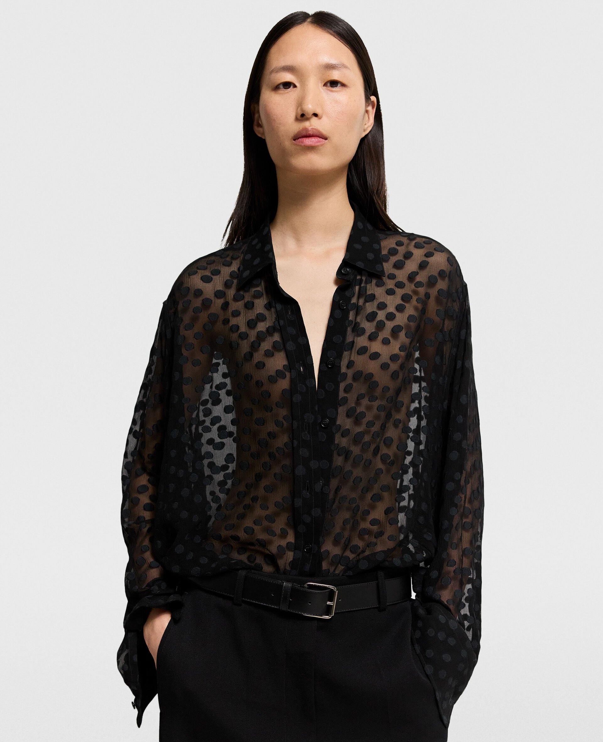 Sheer Polka Dot Chiffon Shirt-Black-model