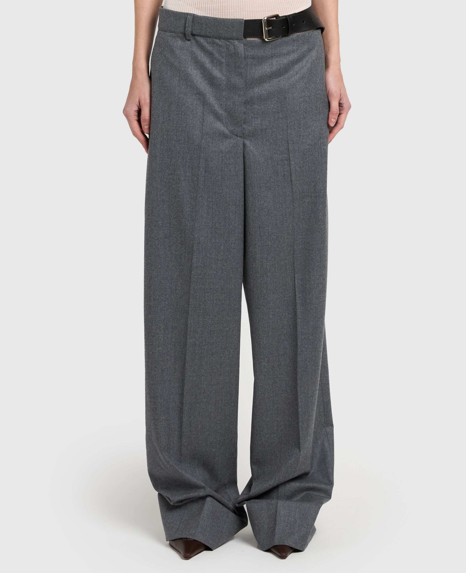 Pantalon droit en flanelle avec ceinture-Gris-large image number 4