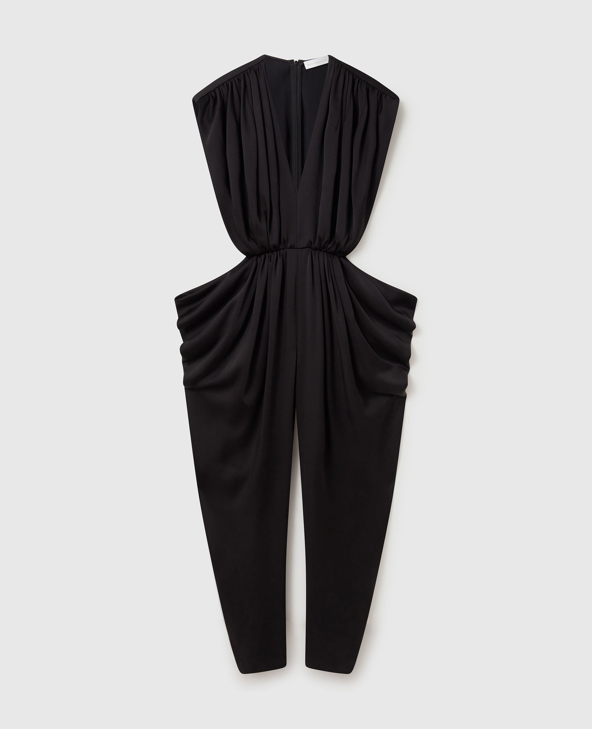 Deep V-Neck Shoulder Pad Pleated Jumpsuit-Black-medium