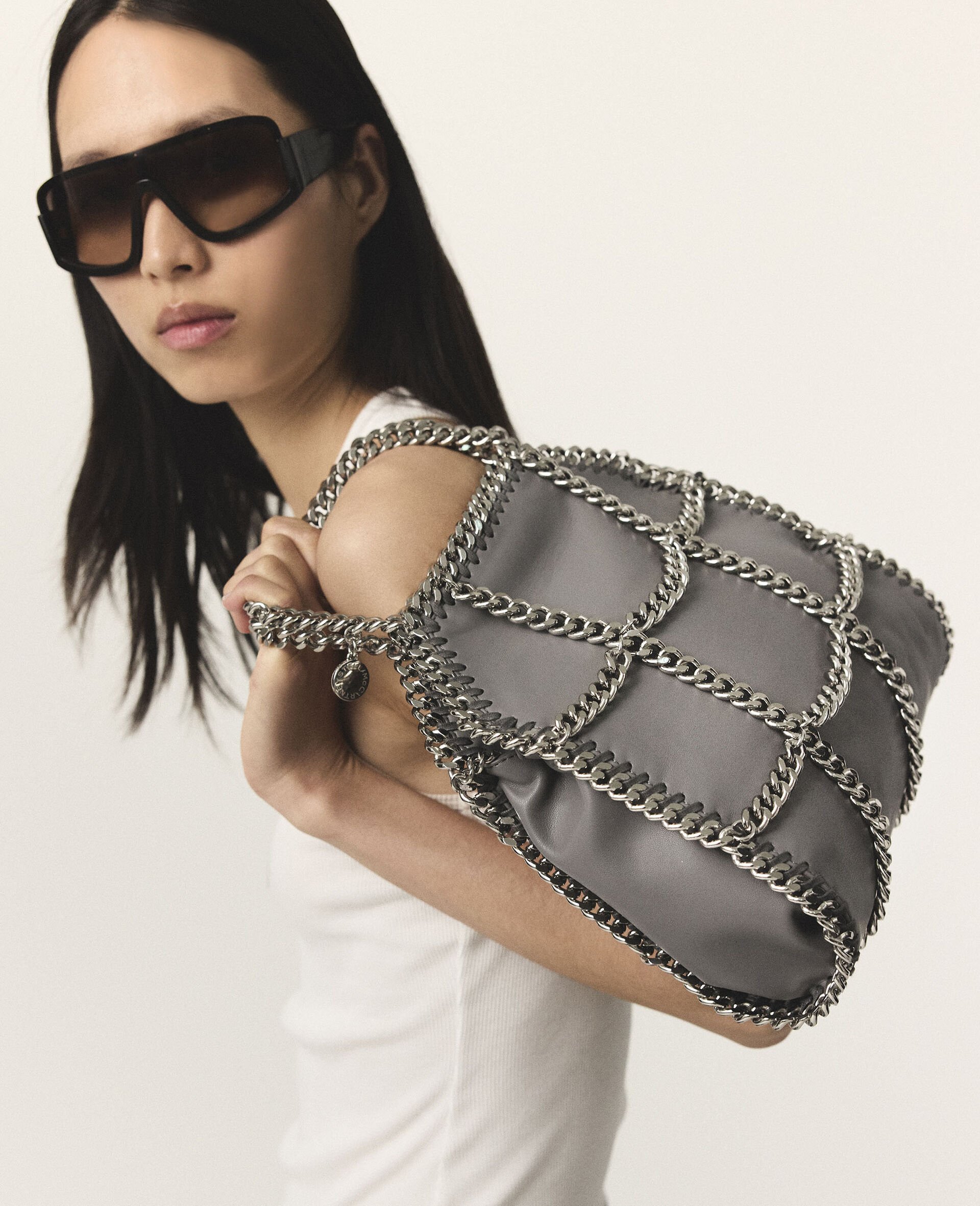 Limited-Edition Falabella Chain Cage Mini Tote Bag-Grey-model