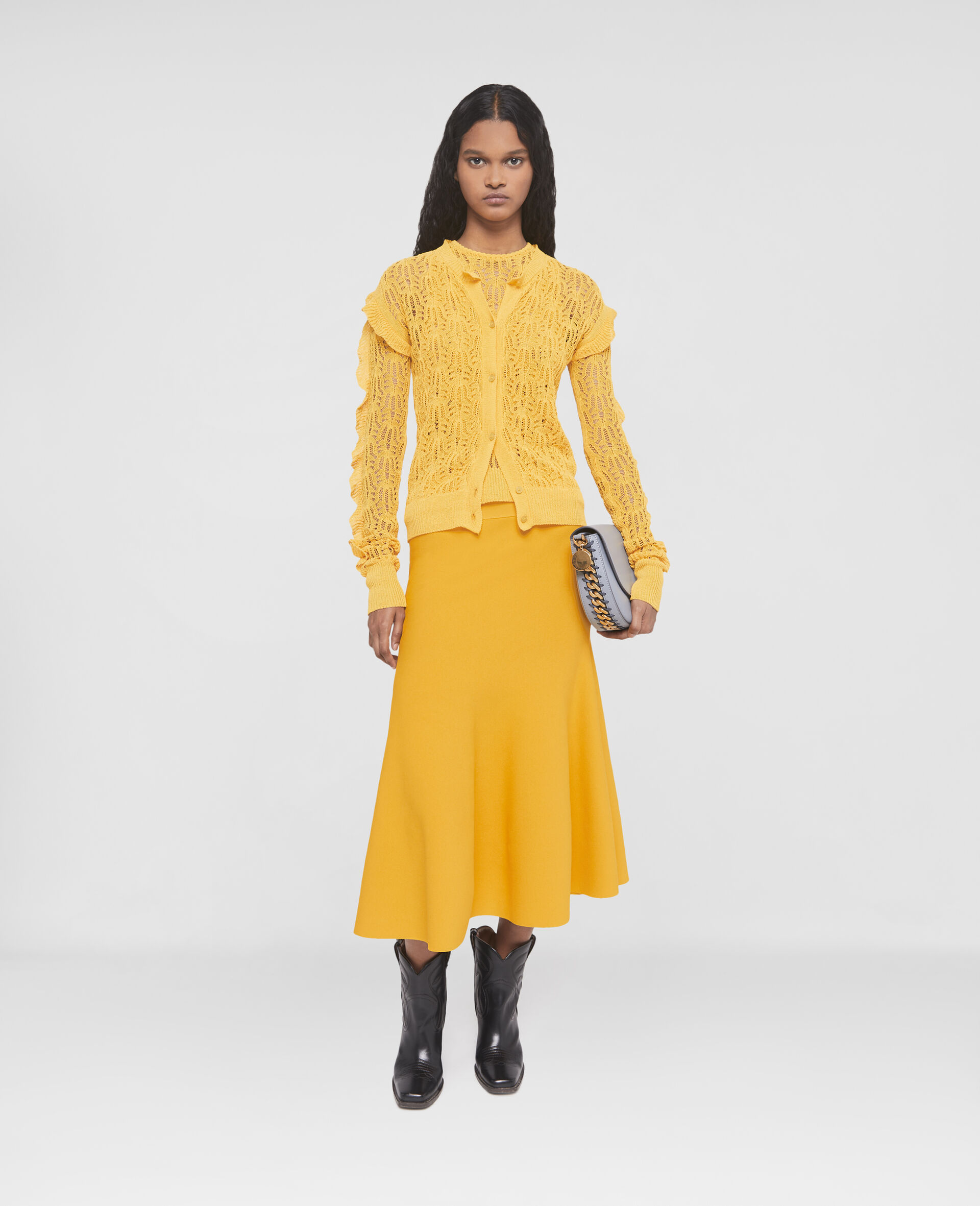 Pointelle Knit Cardigan-Yellow-large image number 1