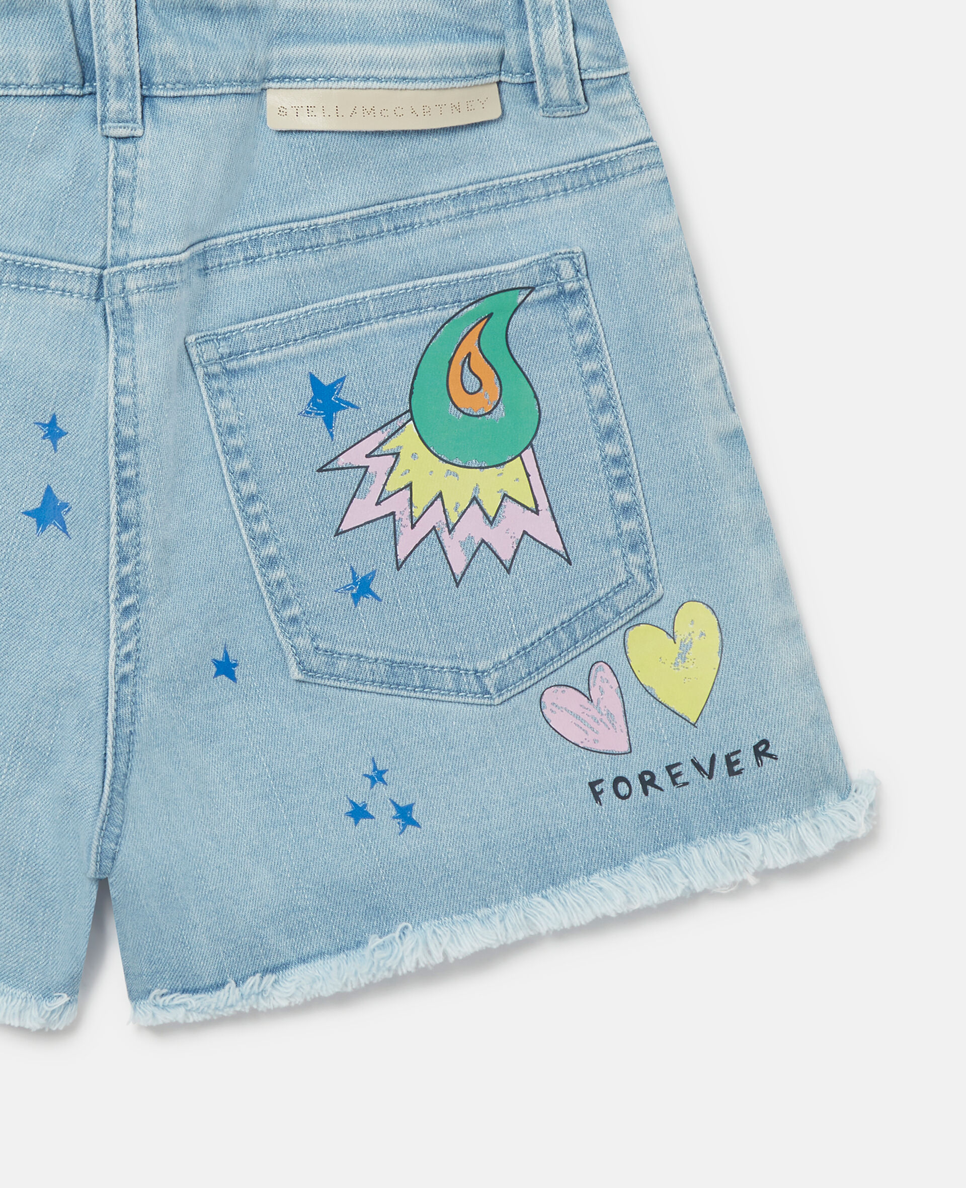 Doodle Print Denim Shorts-Blue-large image number 3