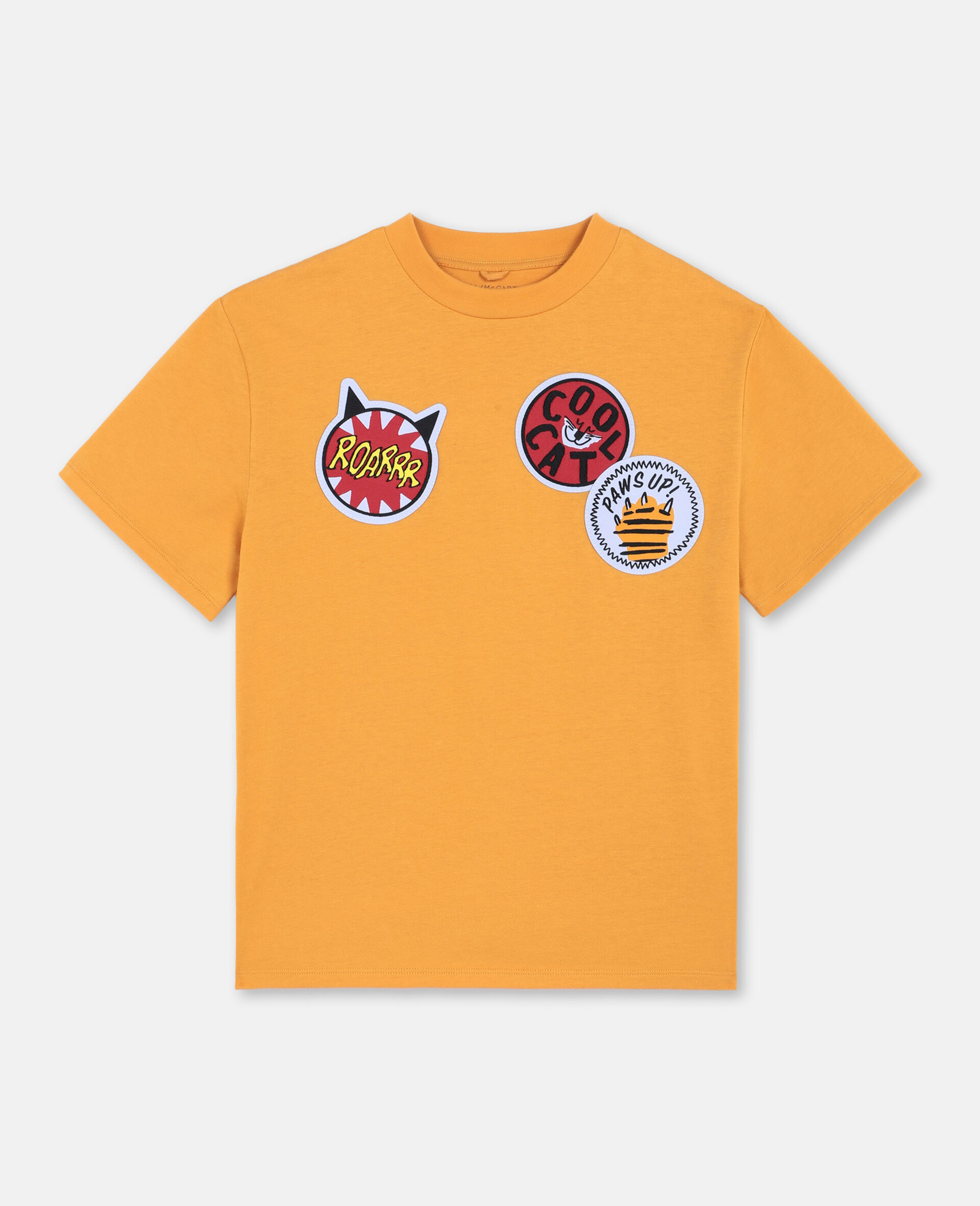 Oversize Cat Badges Cotton T-shirt -Orange-large image number 0