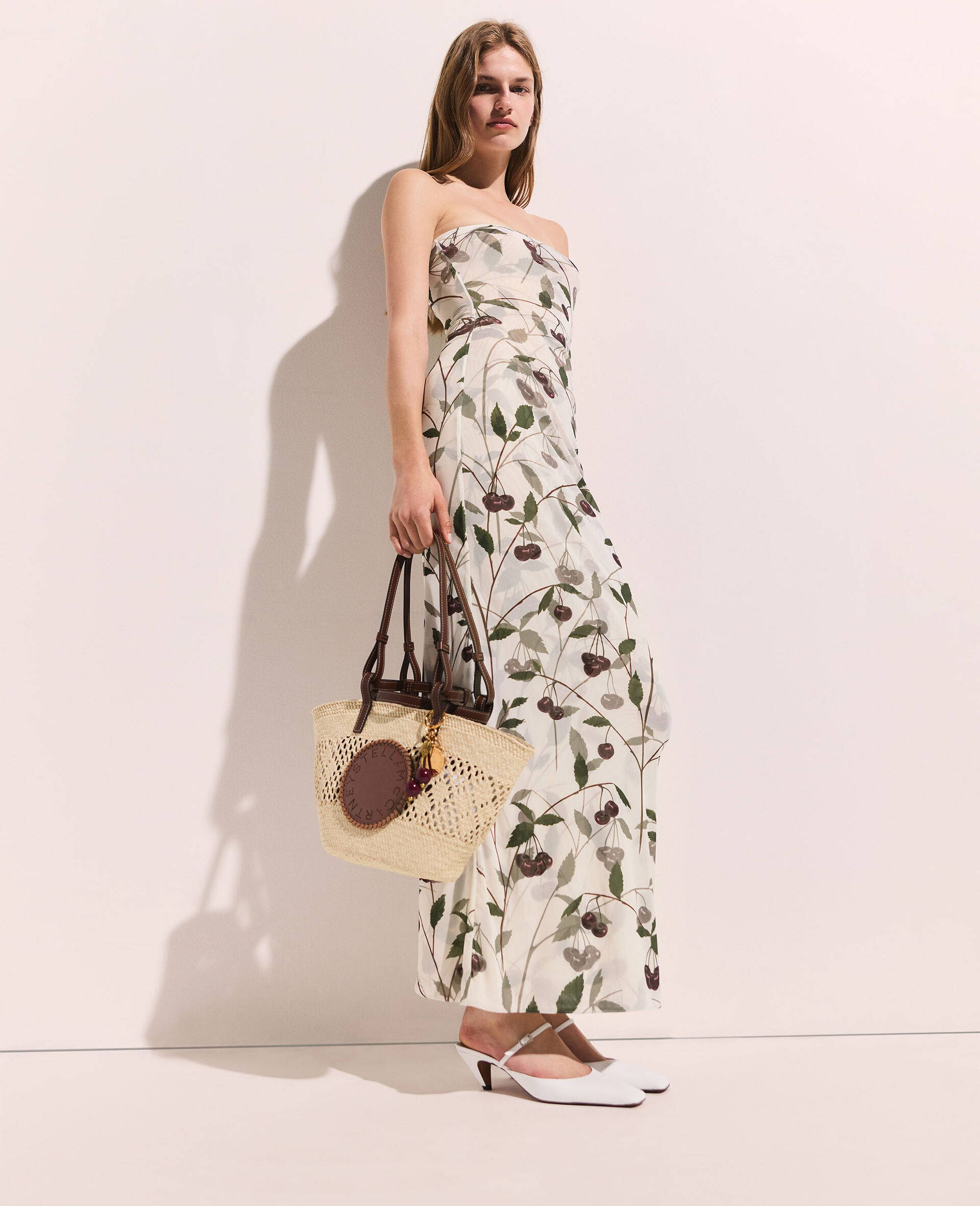 Cherry Print Mesh Strapless Midi Dress-Beige-model
