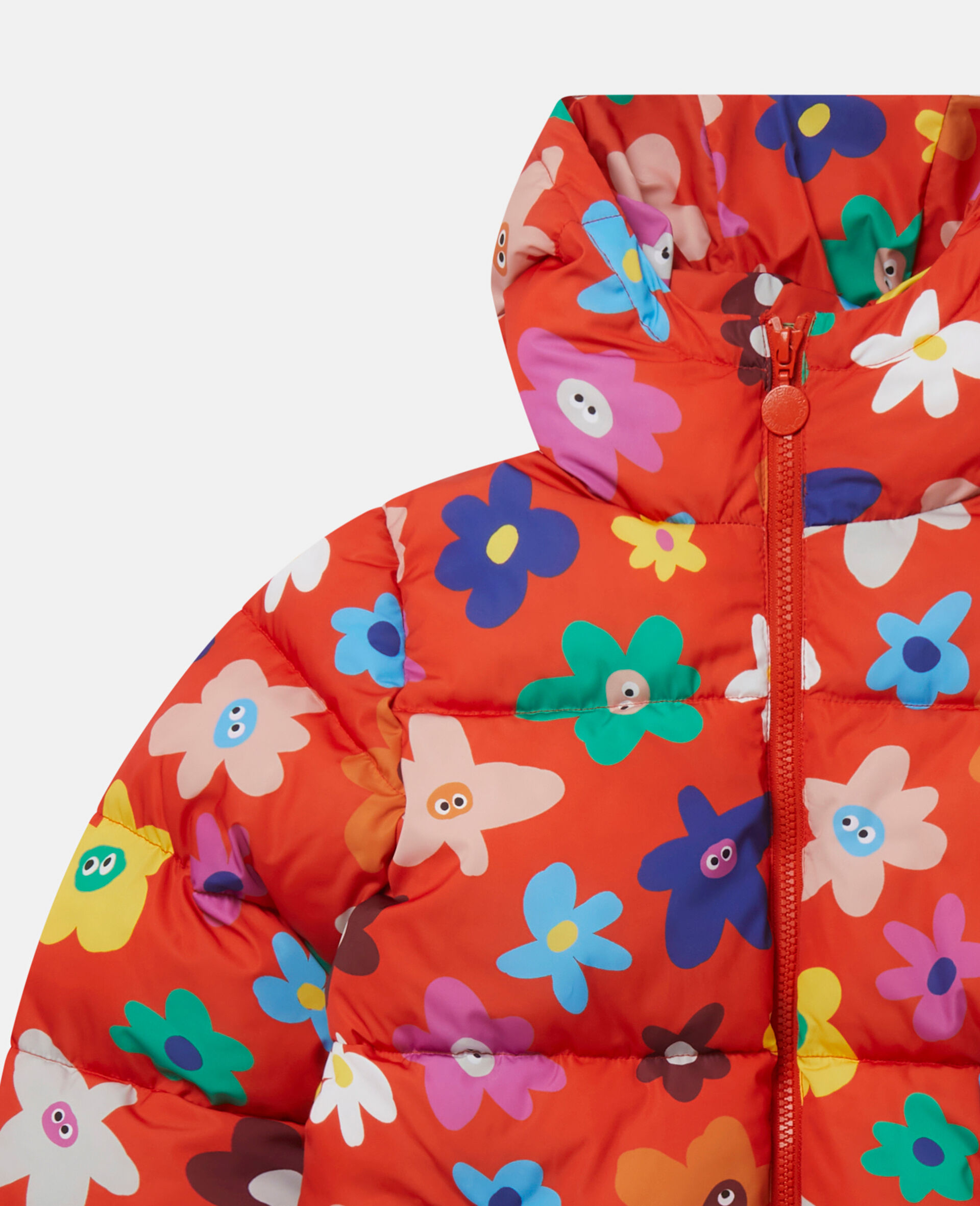 Smiling Flower Print Hooded Puffer Coat-Red-large Smiling Flower Print Hooded Puffer Coat-Red-large image number 2
