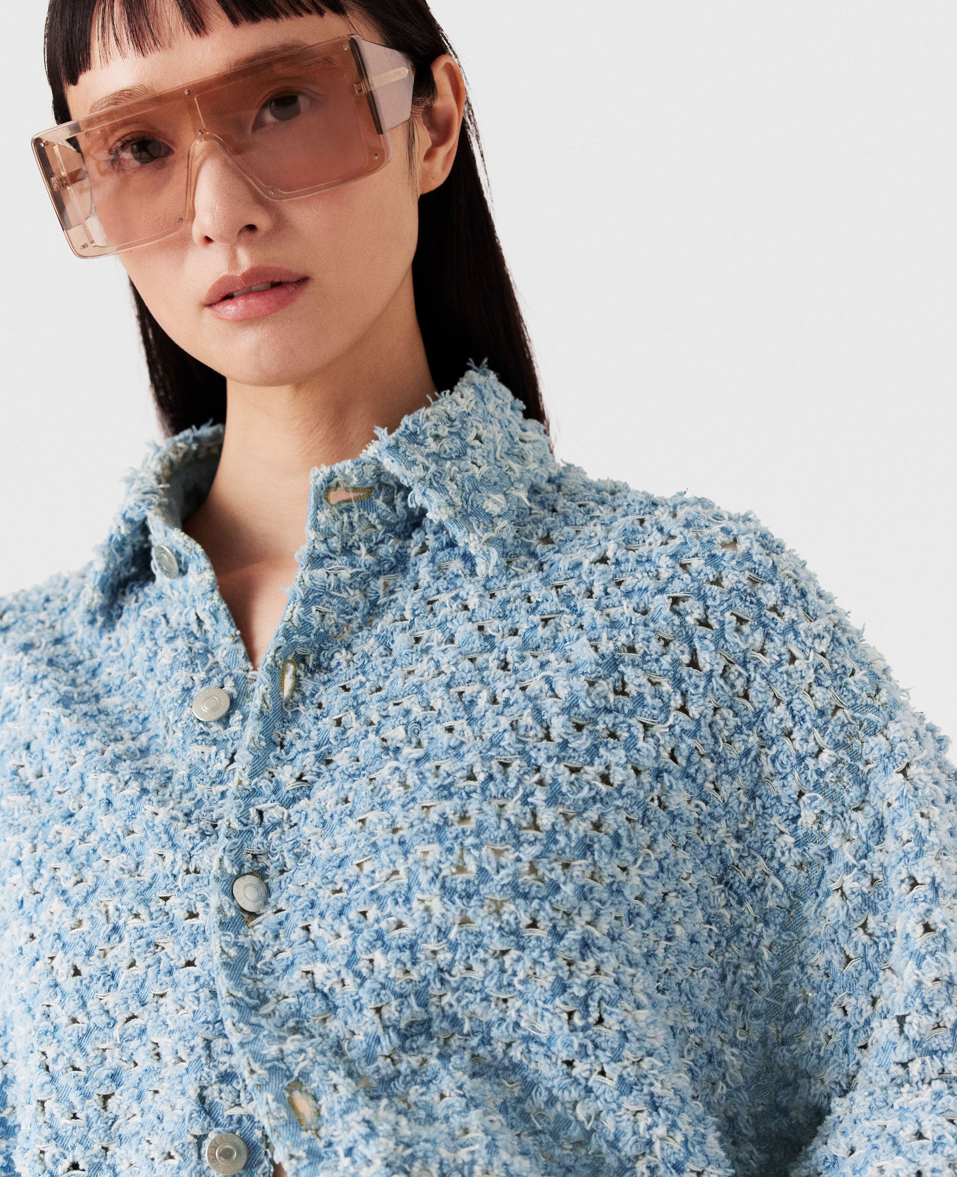 Oversized Denim Bouclé Shirt-Blue-large image number 2