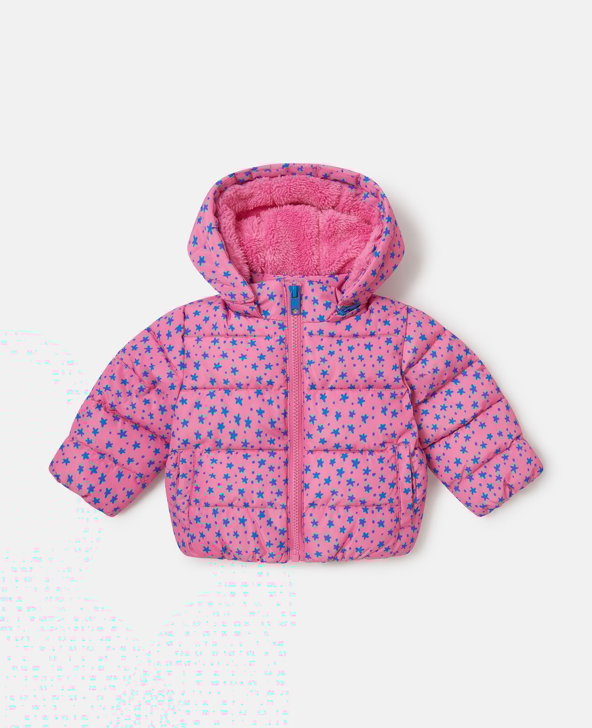 Star Print Hooded Puffer Coat-Pink-medium