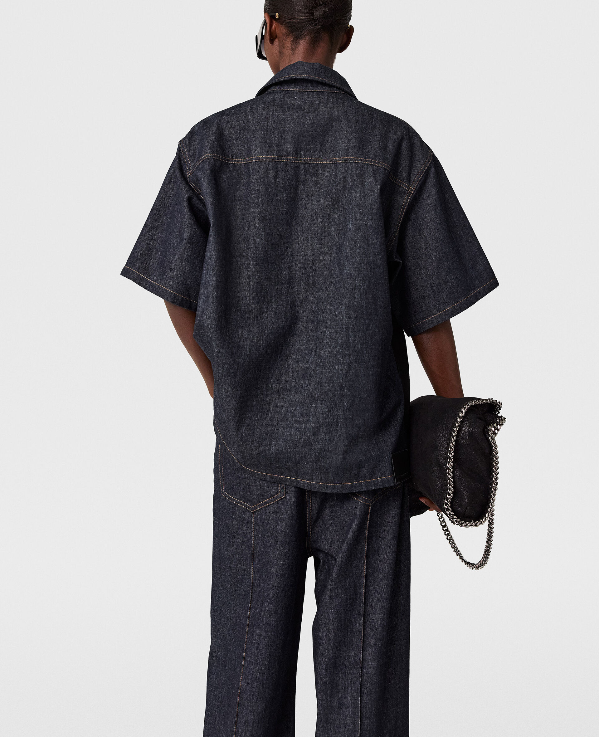 Satin Panel Short-Sleeve Denim Shirt -Blue-large image number 4