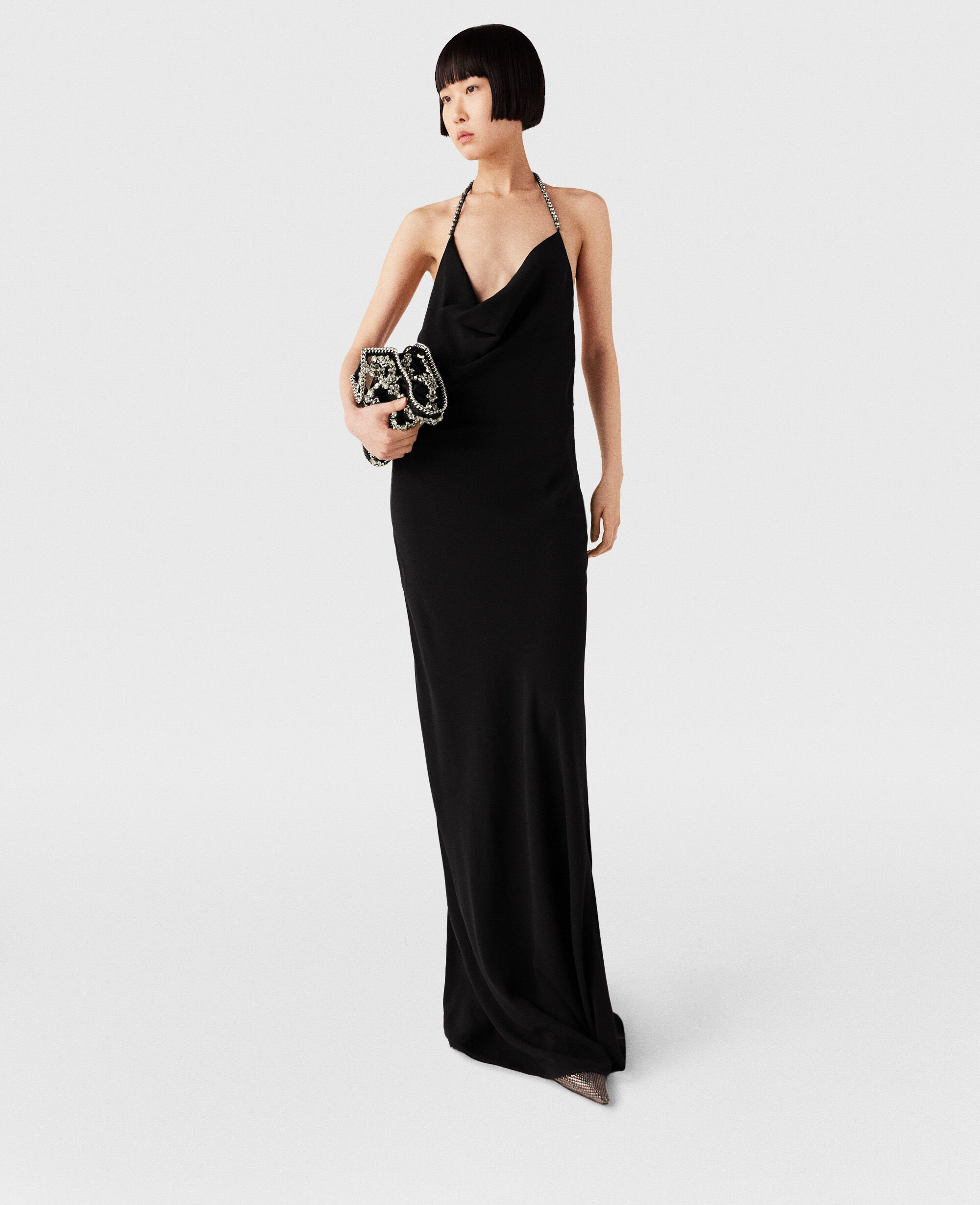 Women Black and silver Plunge Crystal Halterneck Maxi Dress