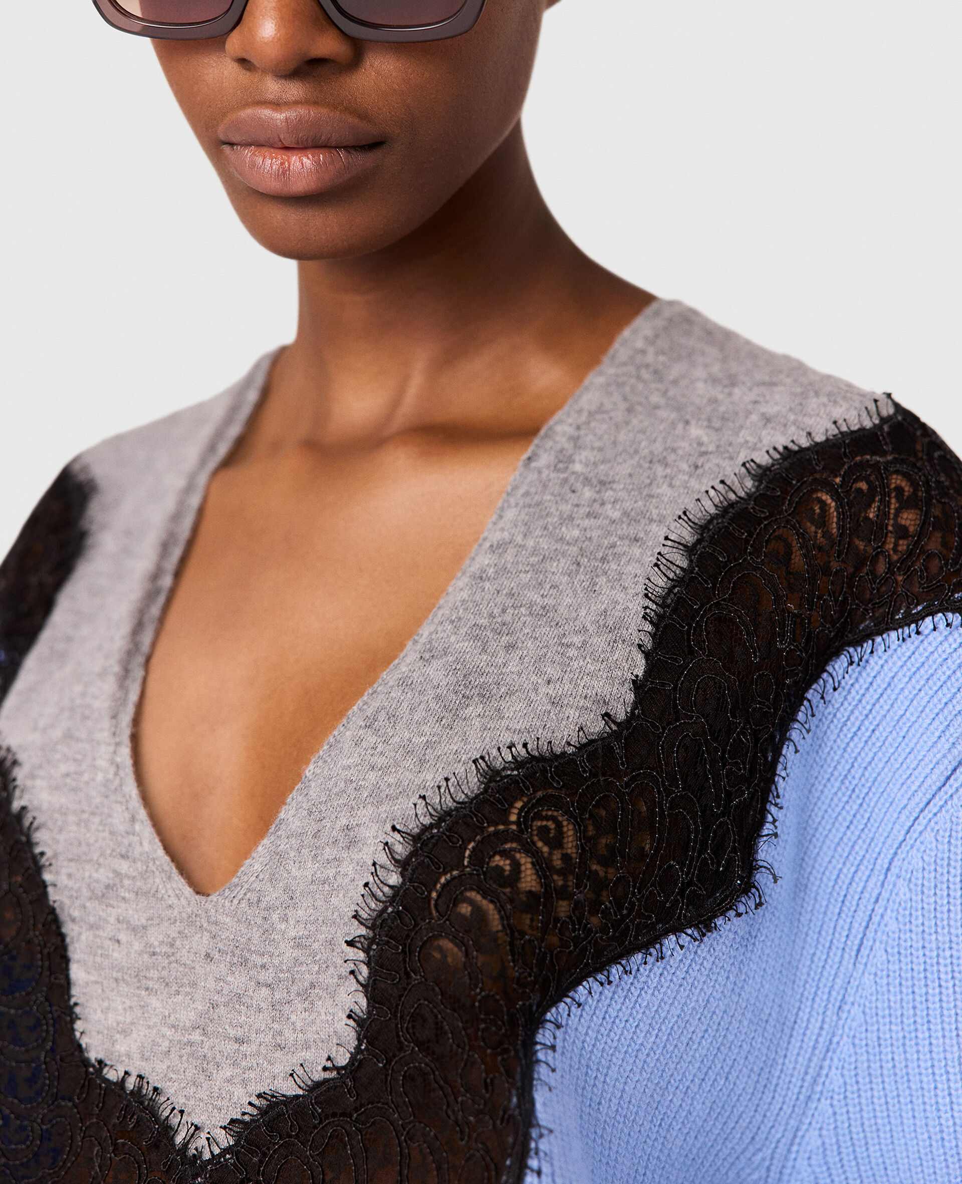 Maglia a Maniche Lunghe con Inserto in Pizzo-Blu-large image number 2