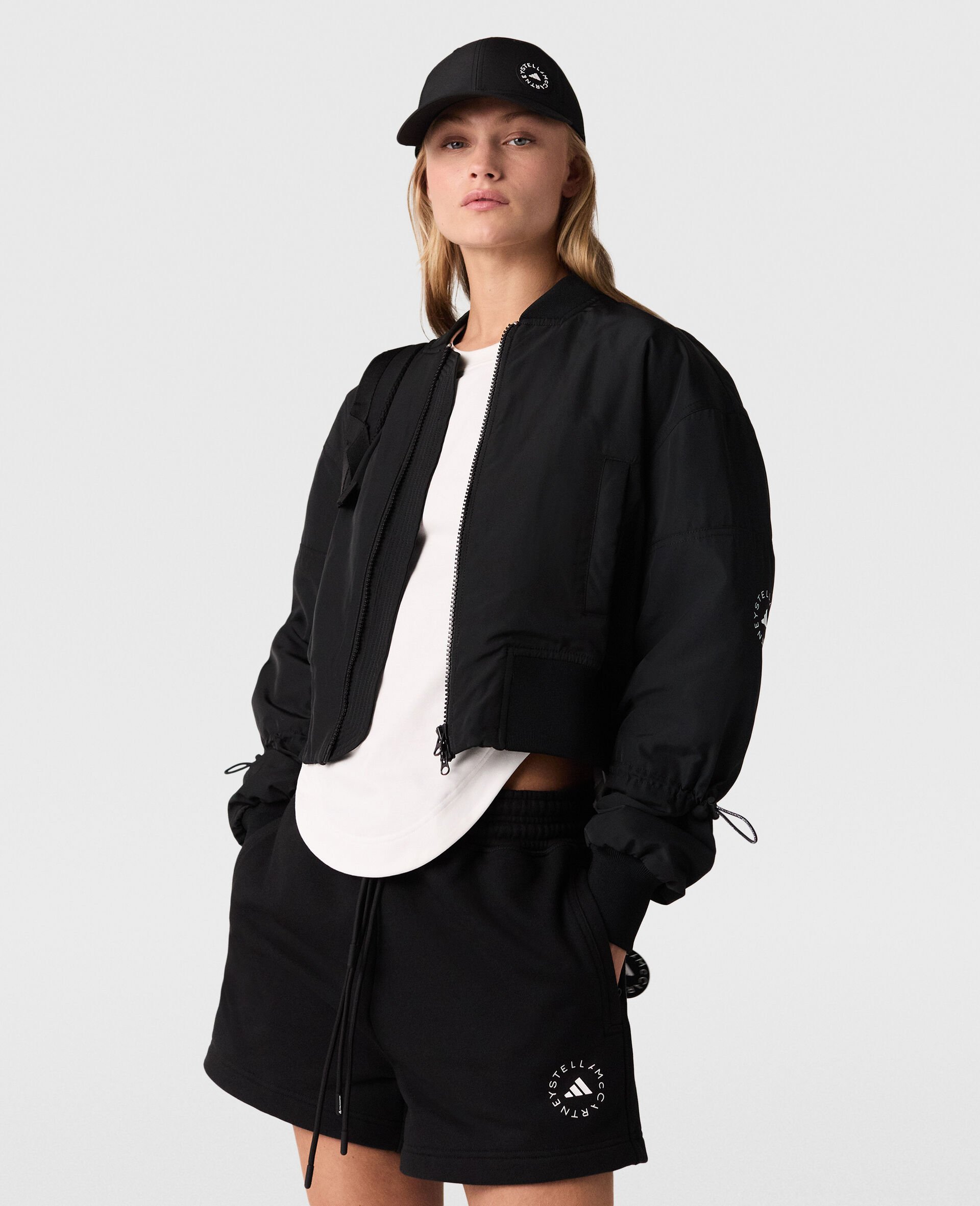 Sportswear Woven Cropped Bomber Jacket-Black-model