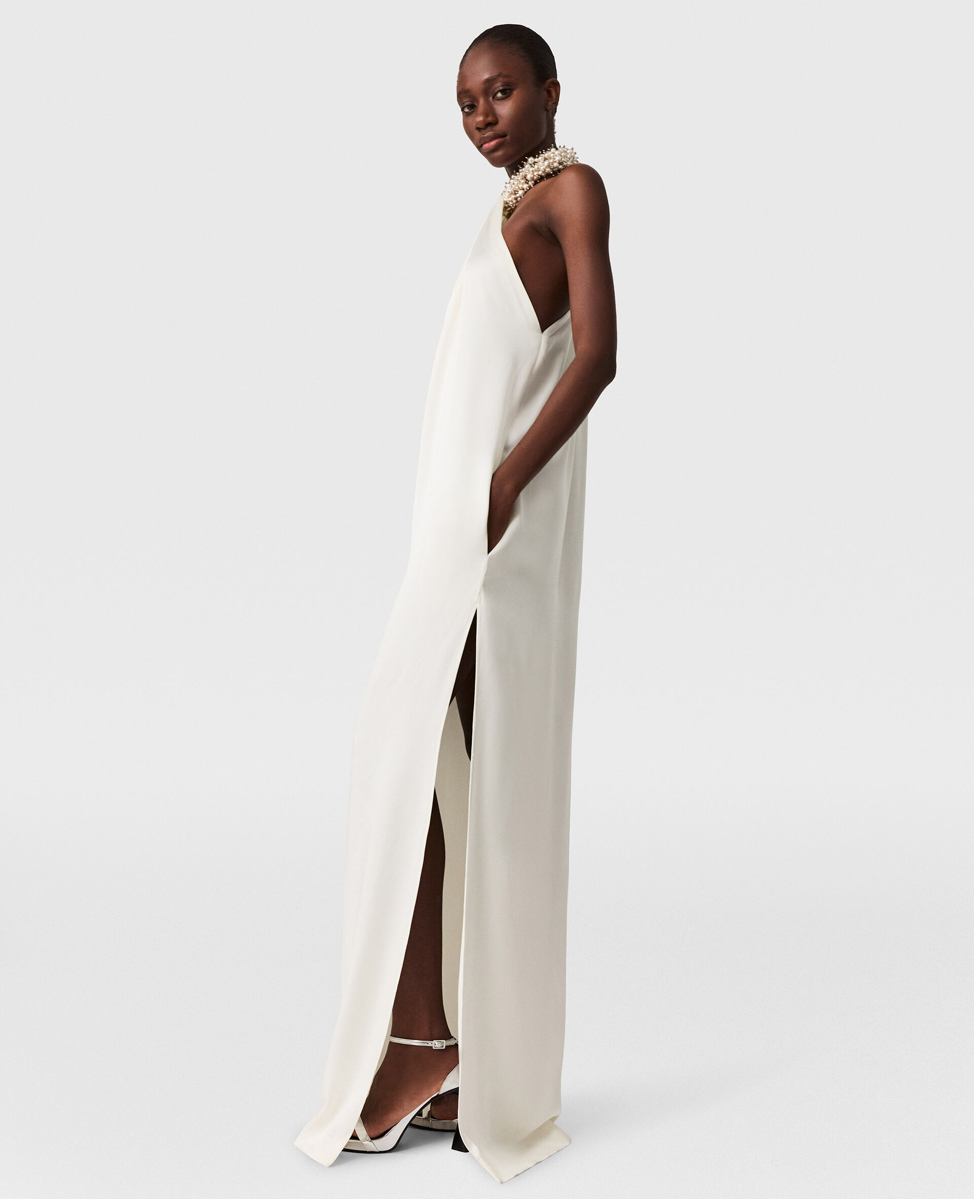 Embellished Halterneck Asymmetric Satin Dress -Cream-large image number 2