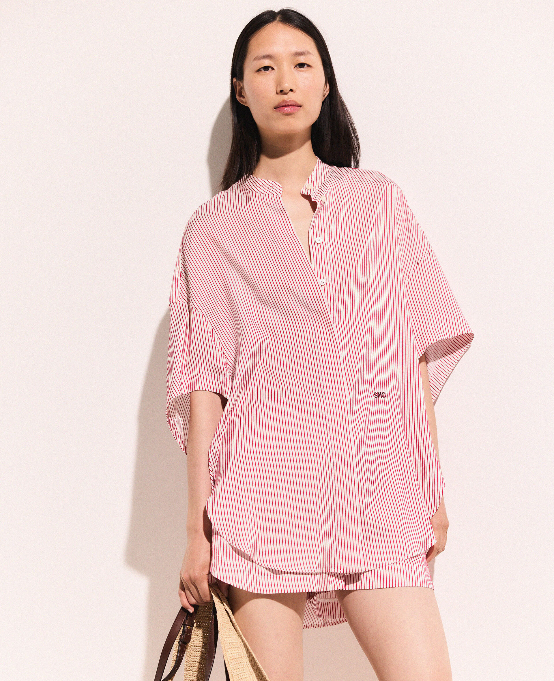 Striped Short Sleeve Shirt-White-model