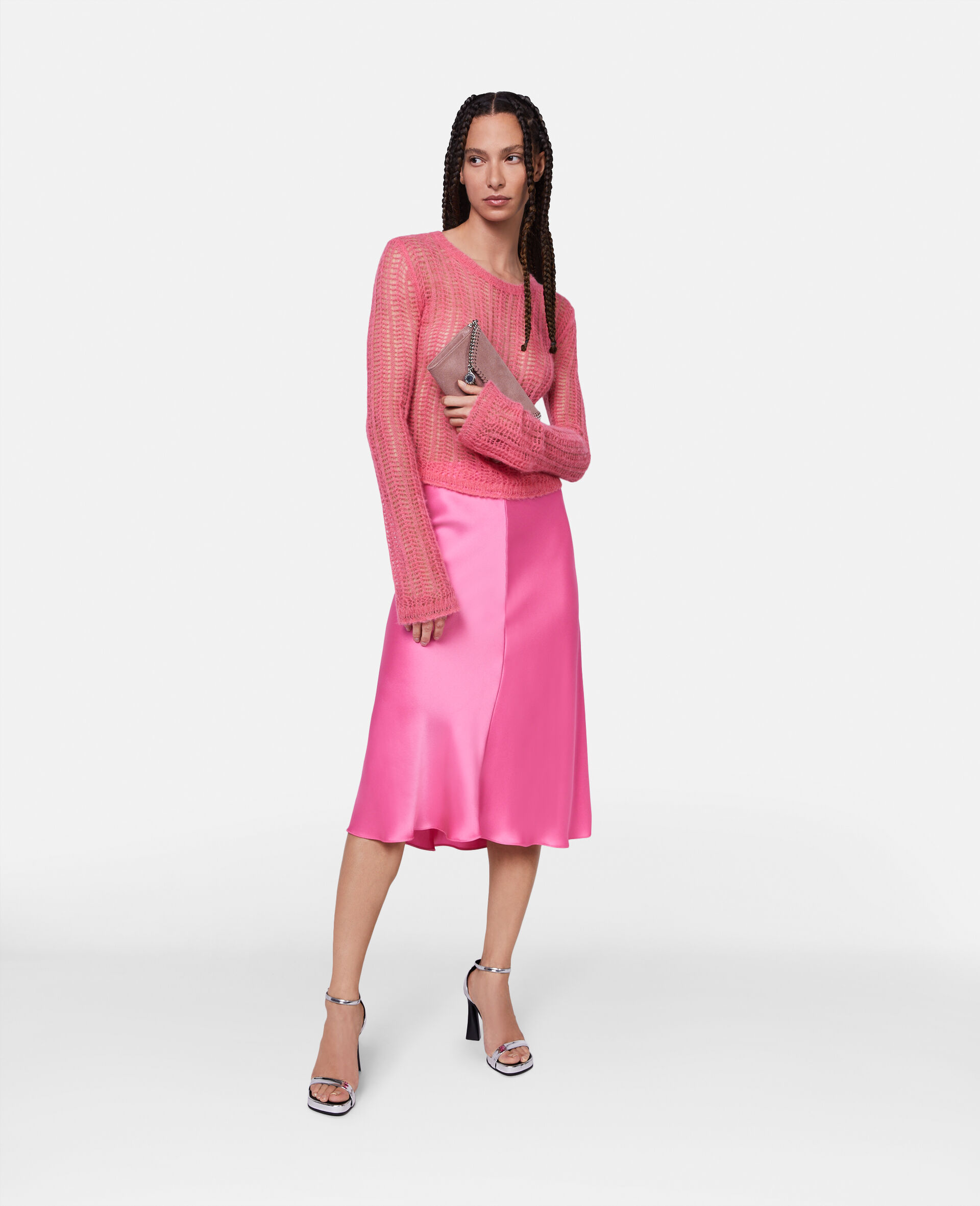双层缎面斜裁中长半身裙-粉色-model