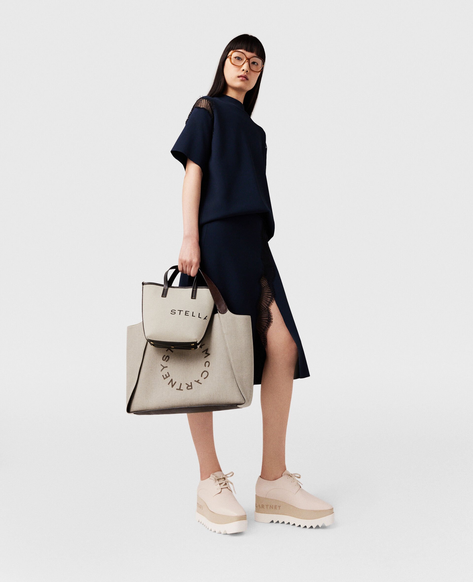 Tote a Tracolla in Tela con Logo-Cream-medium