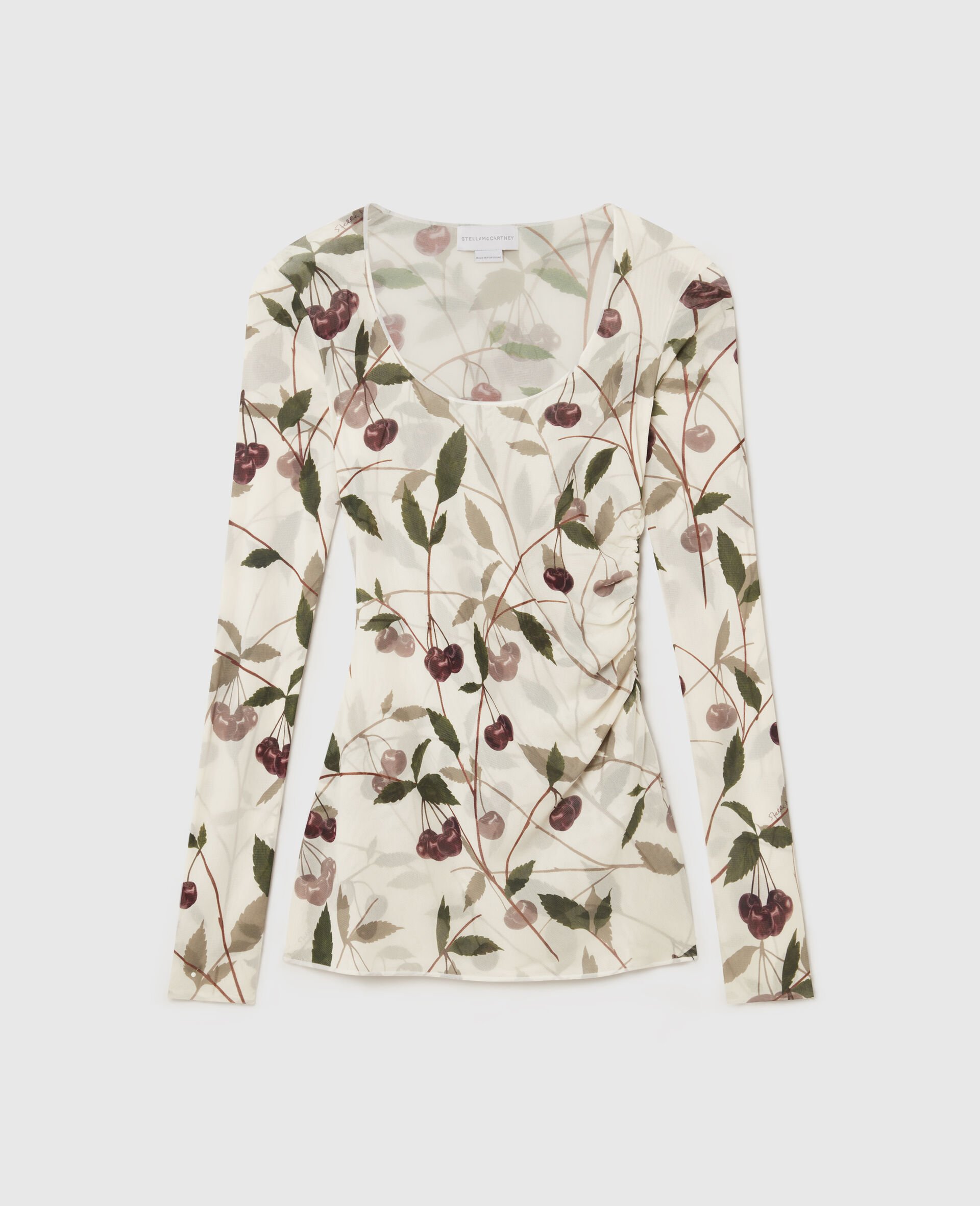 Cherry Print Mesh Long Sleeve Top-Beige-medium