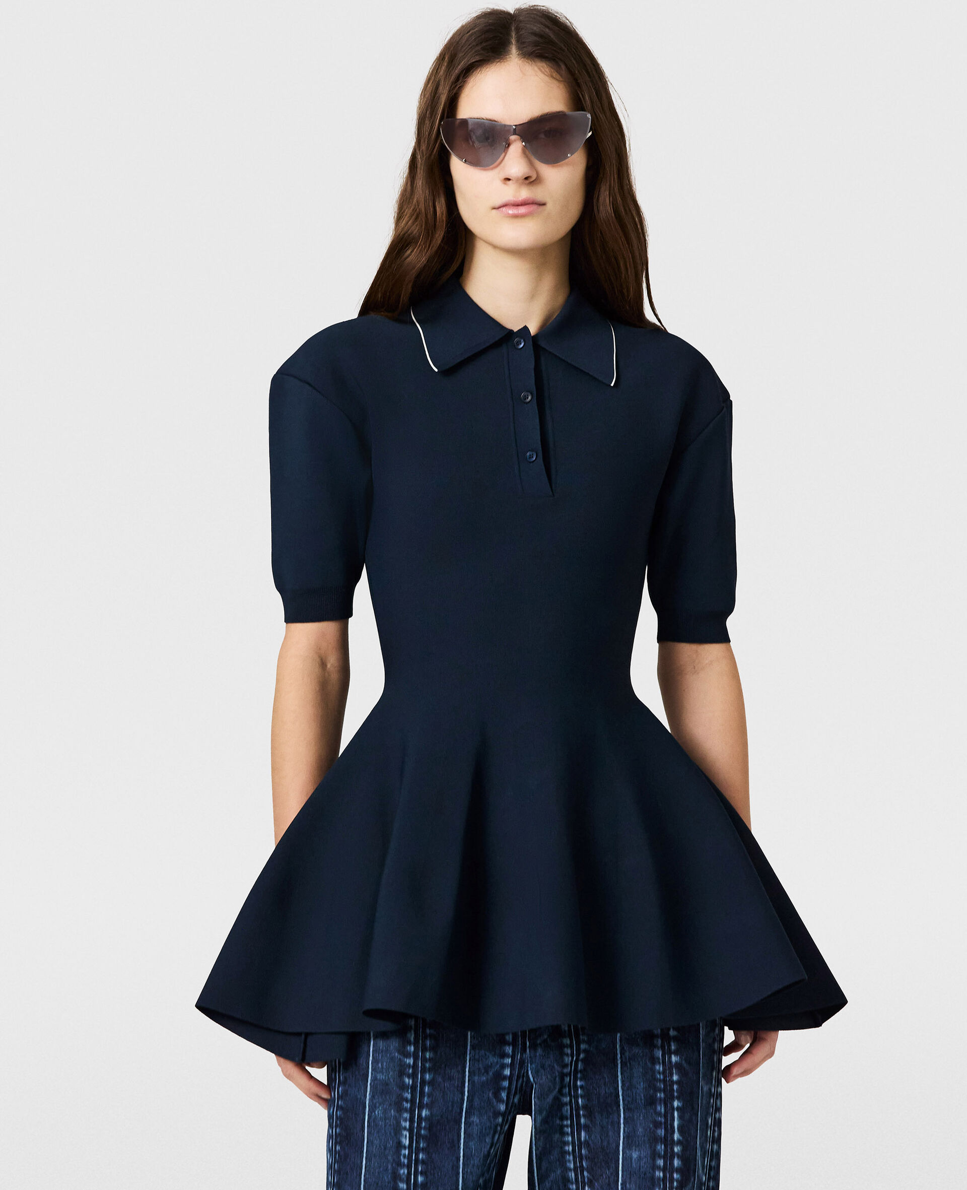 Compact Knit Peplum Polo Top-Blue-medium