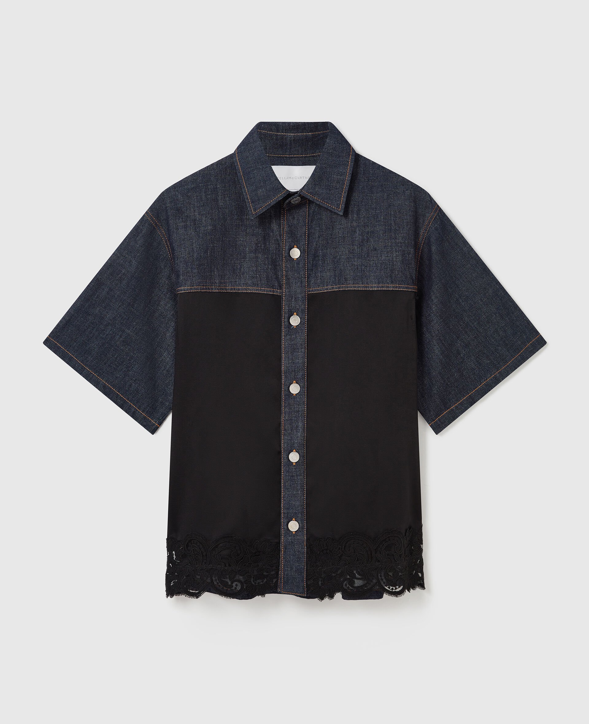 Satin Panel Short-Sleeve Denim Shirt -블루-medium