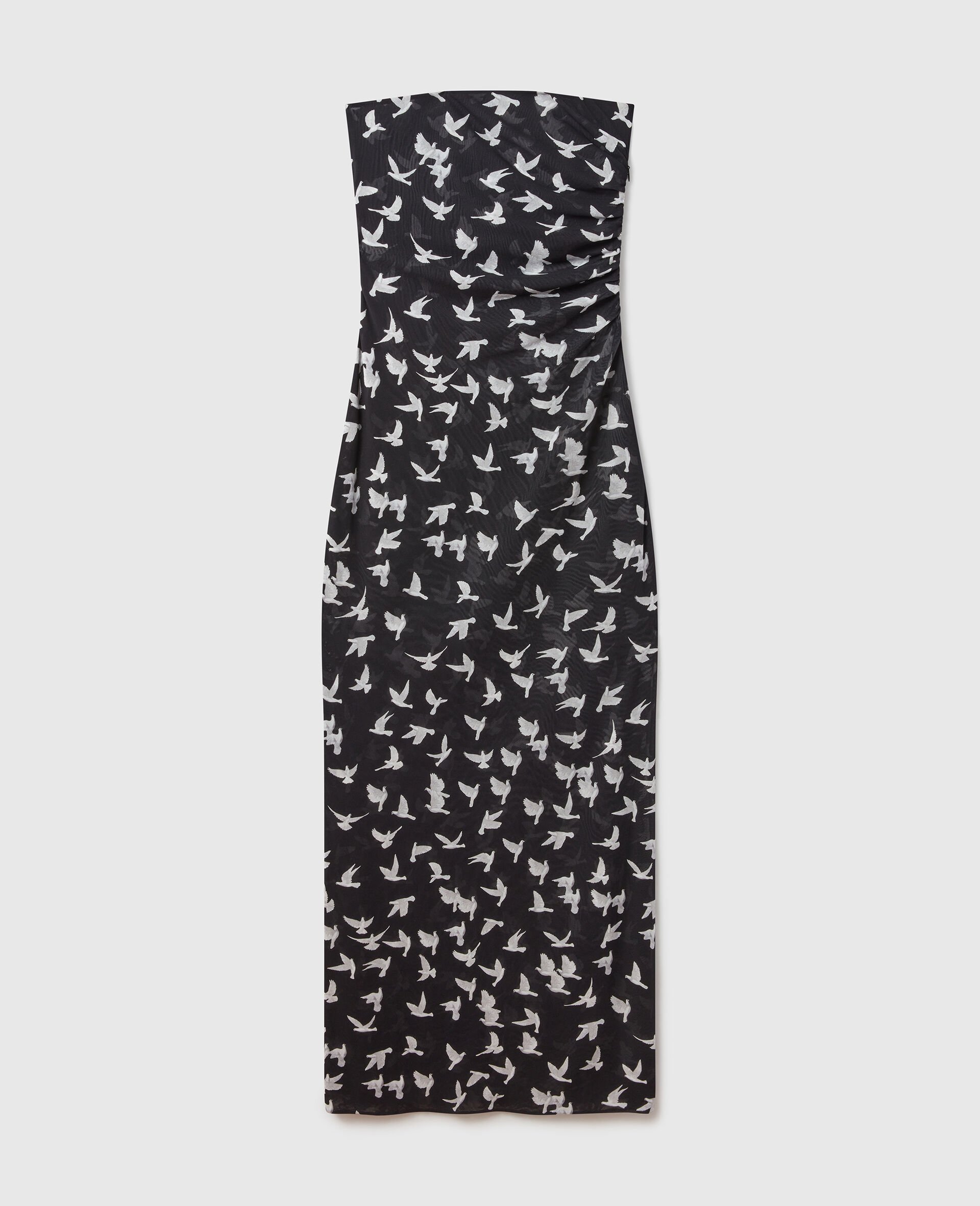 Trägerloses Midikleid aus Netzgewebe mit Tauben-Print-Schwarz-large image number 0
