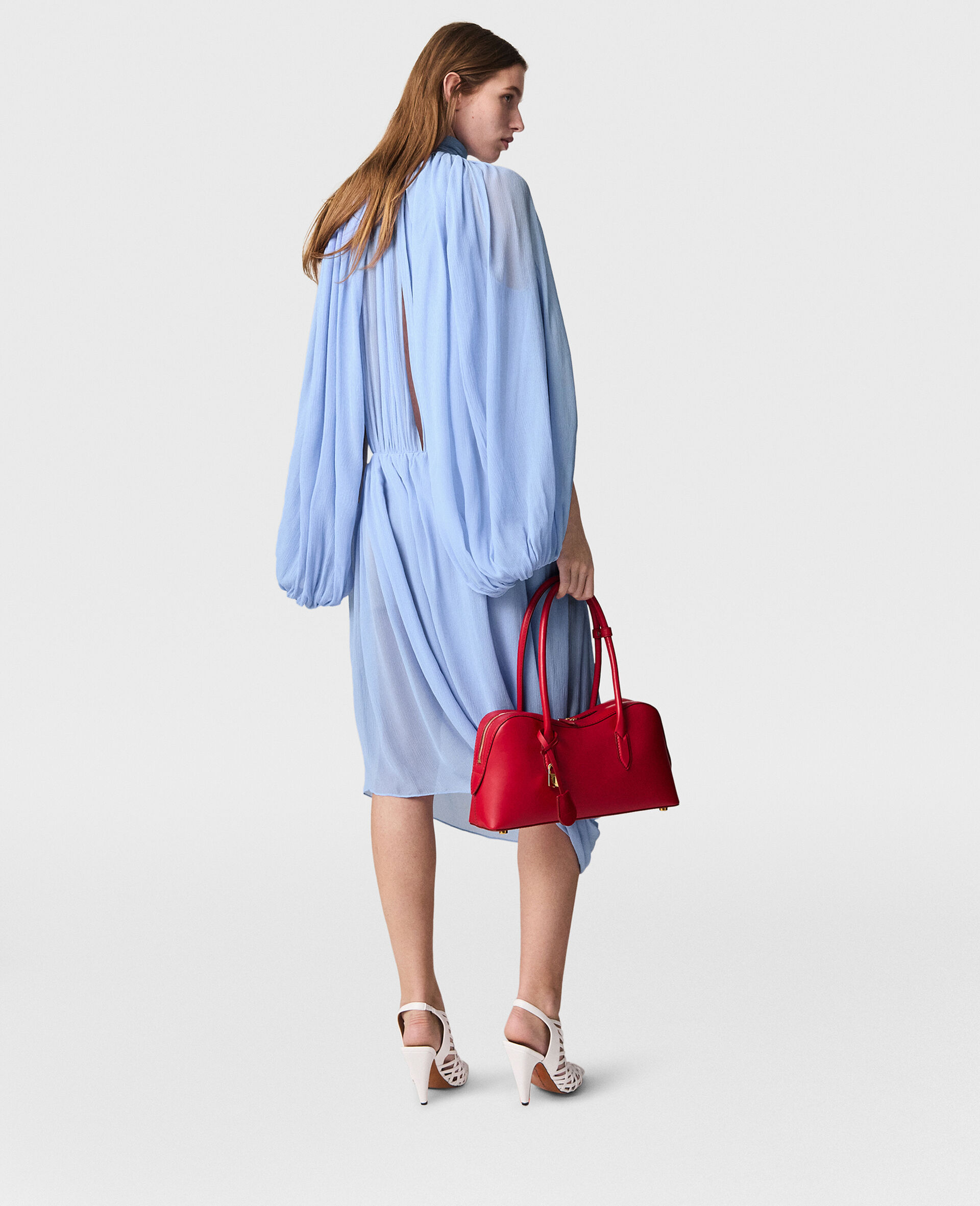 High-Neck Pleated Midi Dress-Blue-large image number 4