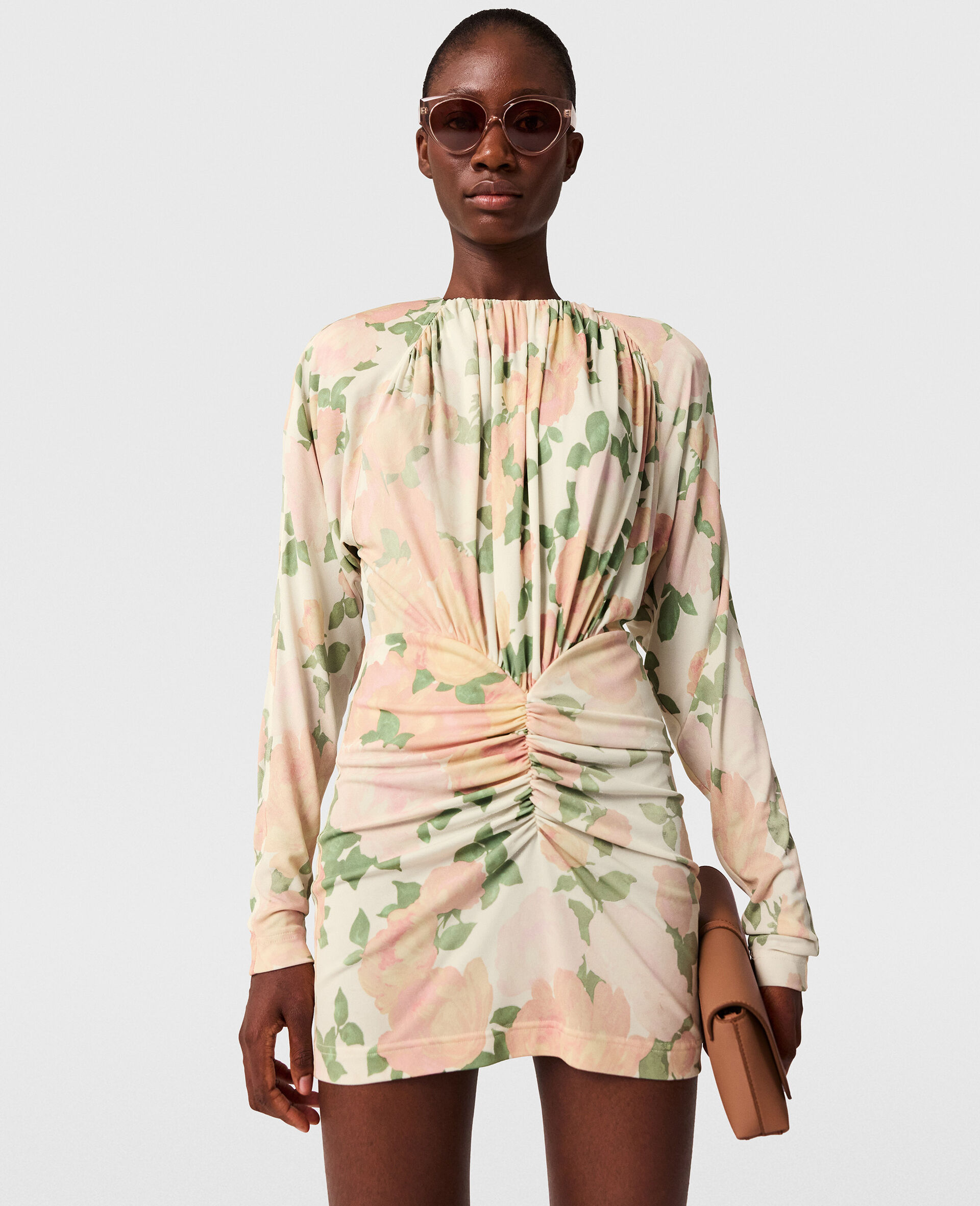 Mini robe a manches longues avec imprime pivoine-Rose-medium