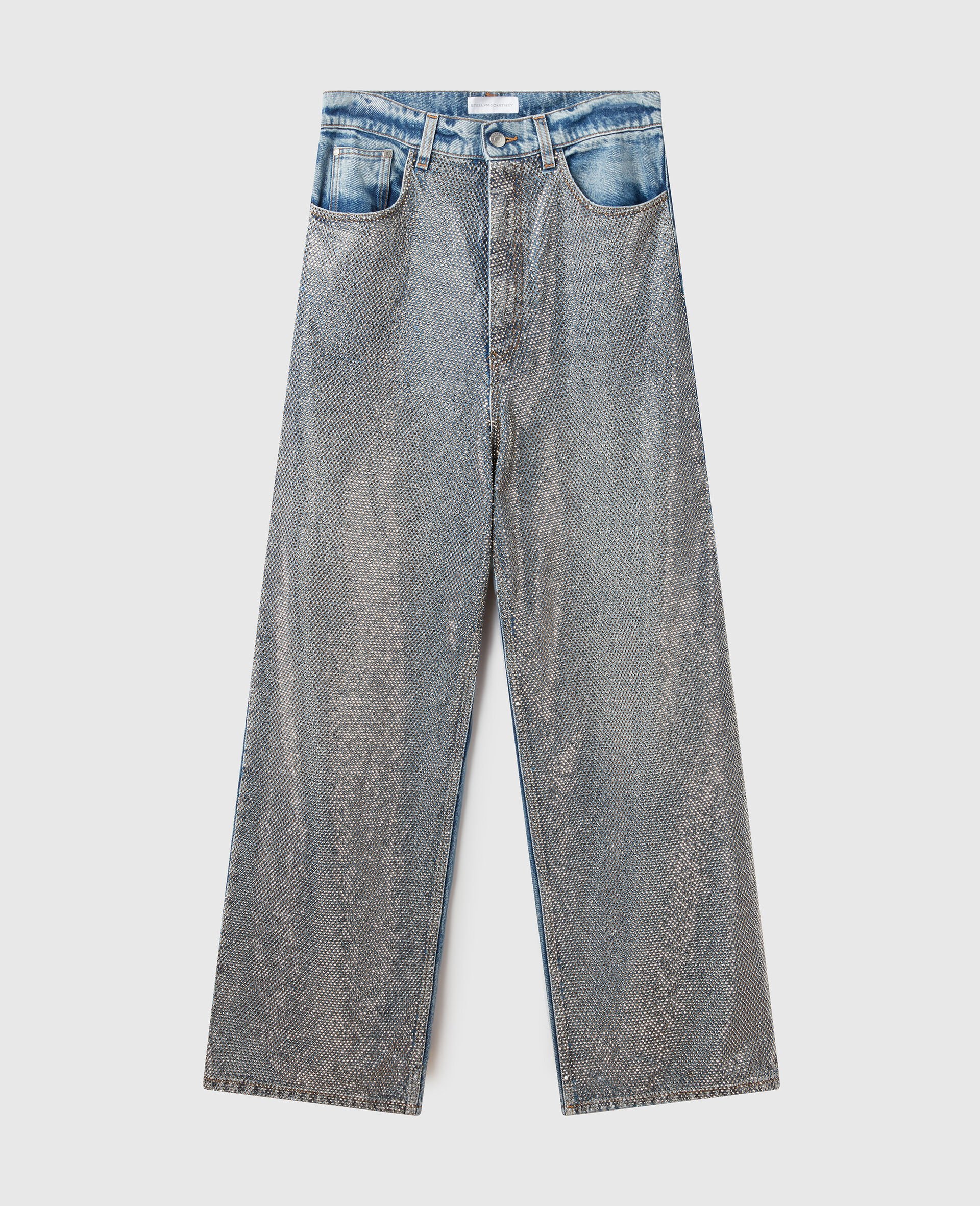 Oversized Crystal-Embellished Denim Jeans-Silver-large image number 0