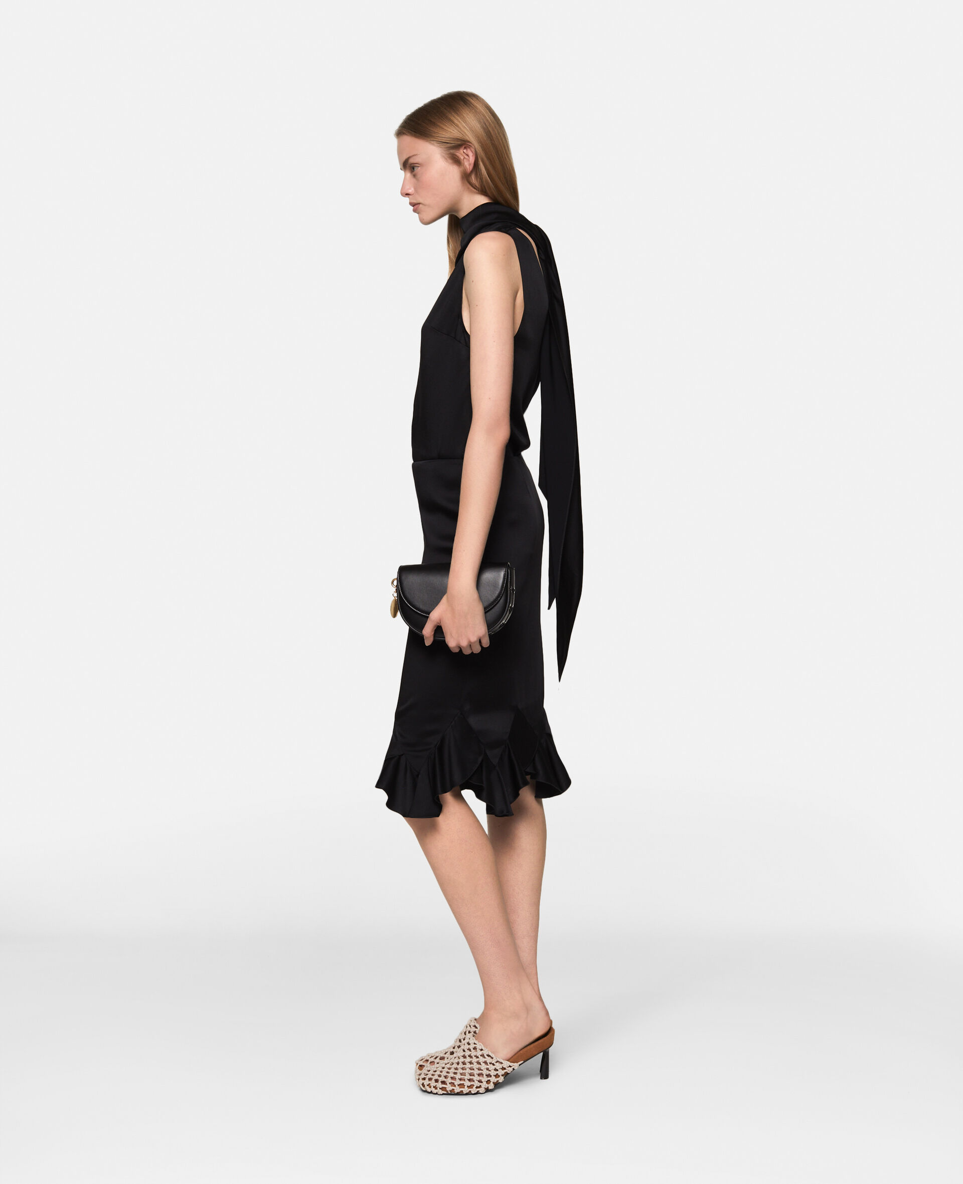 Ruffled-Hem Satin Midi Skirt-Black-large image number 2