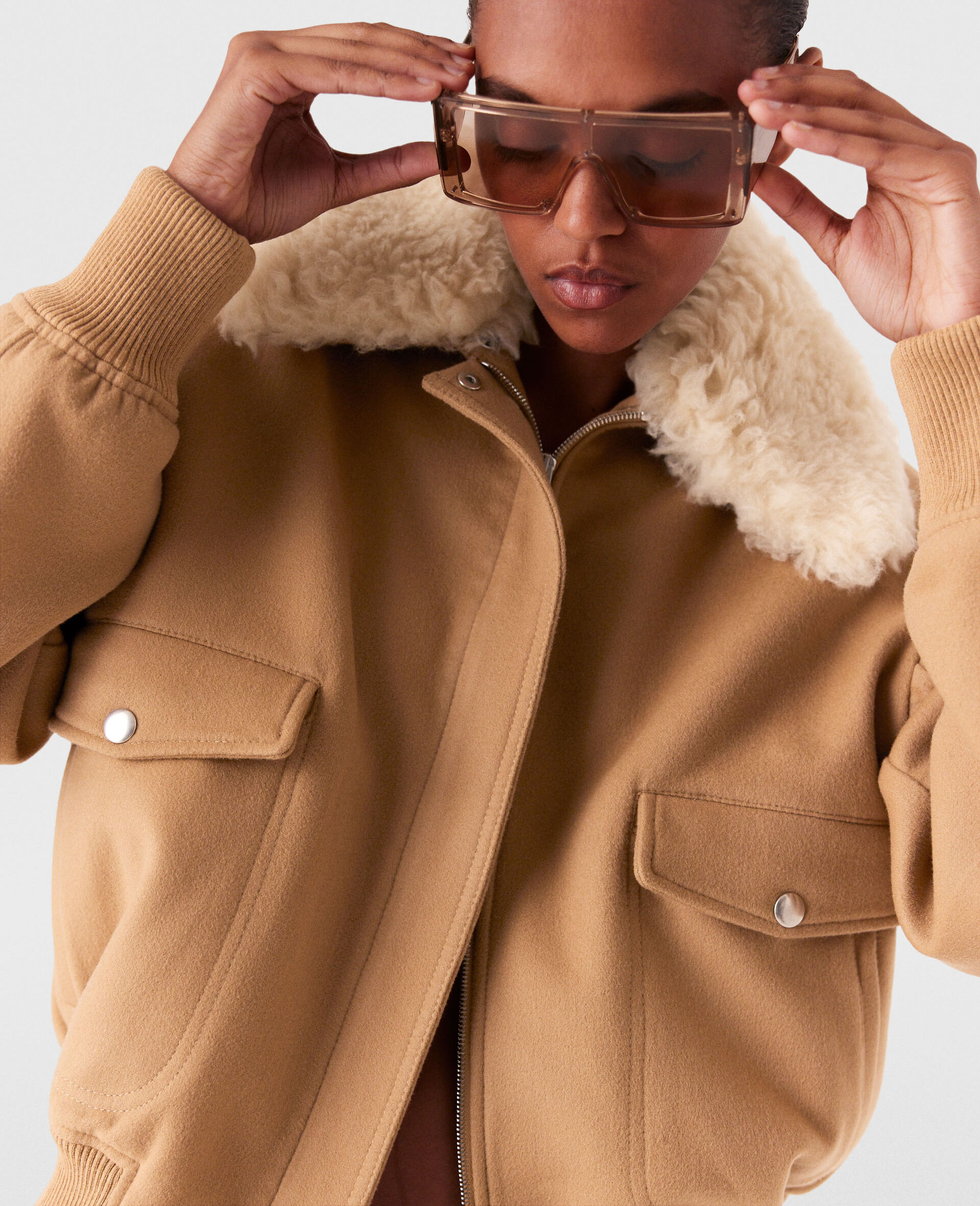 Plush Teddy Bomber Jacket-Brown-large image number 6