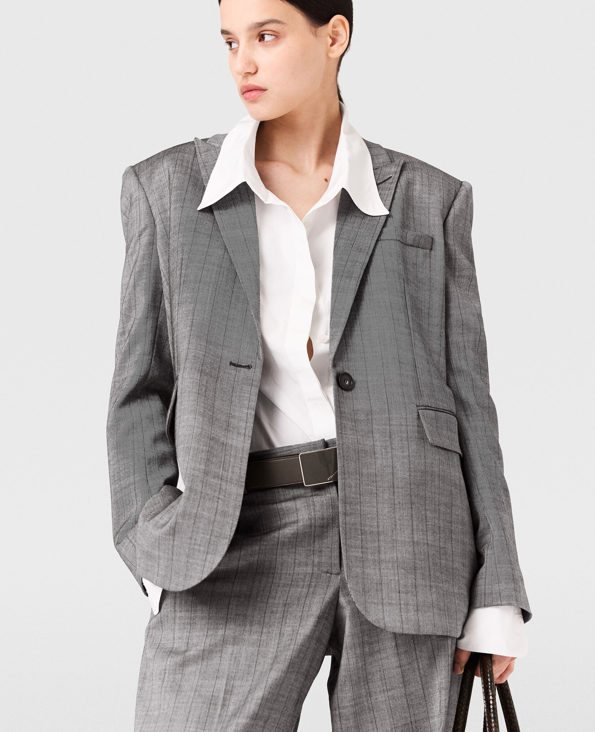 Single-Breasted Pinstripe Jacket-Grey-large image number 3