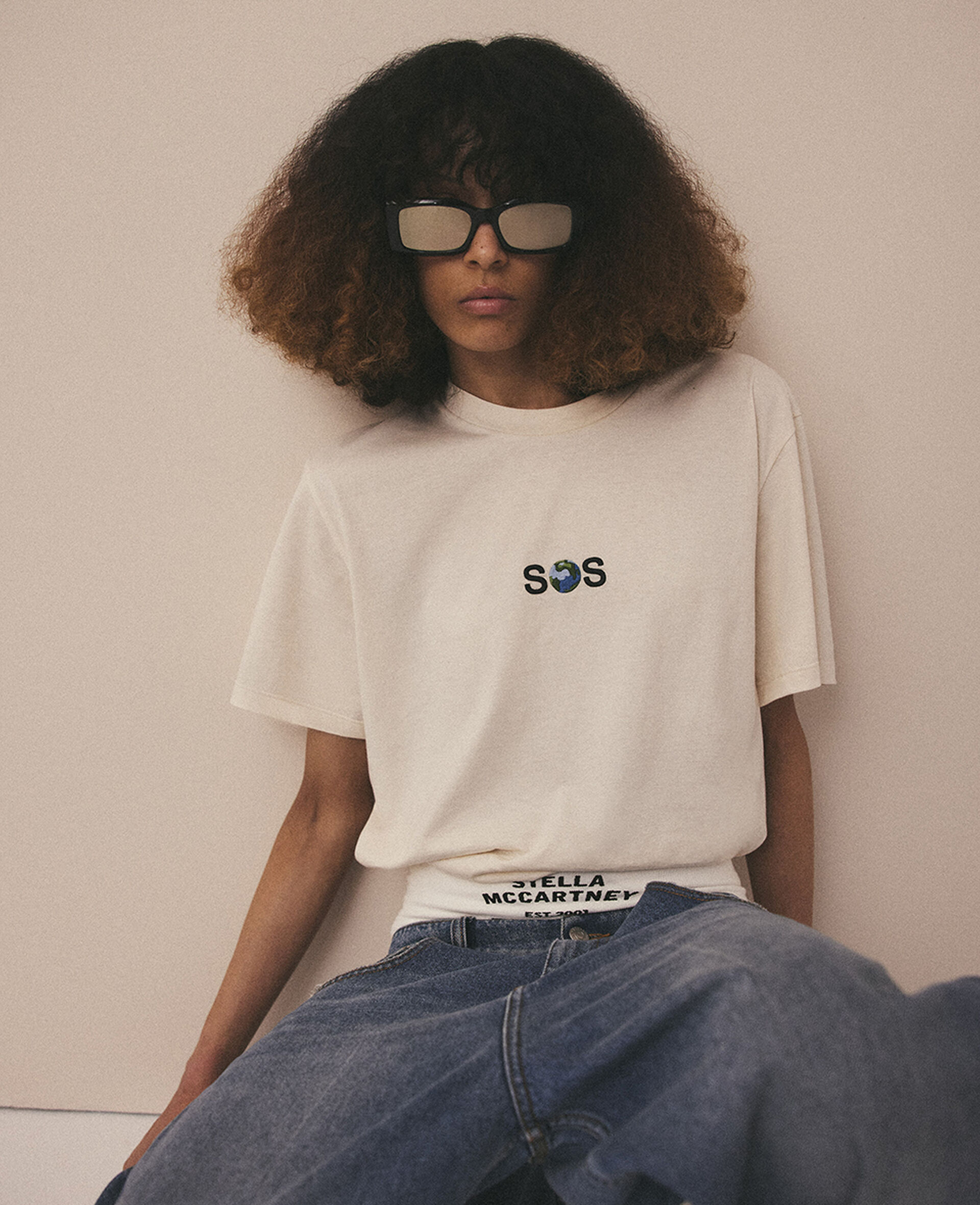 SOS Embroidered Short-Sleeve T-Shirt-Cream-model