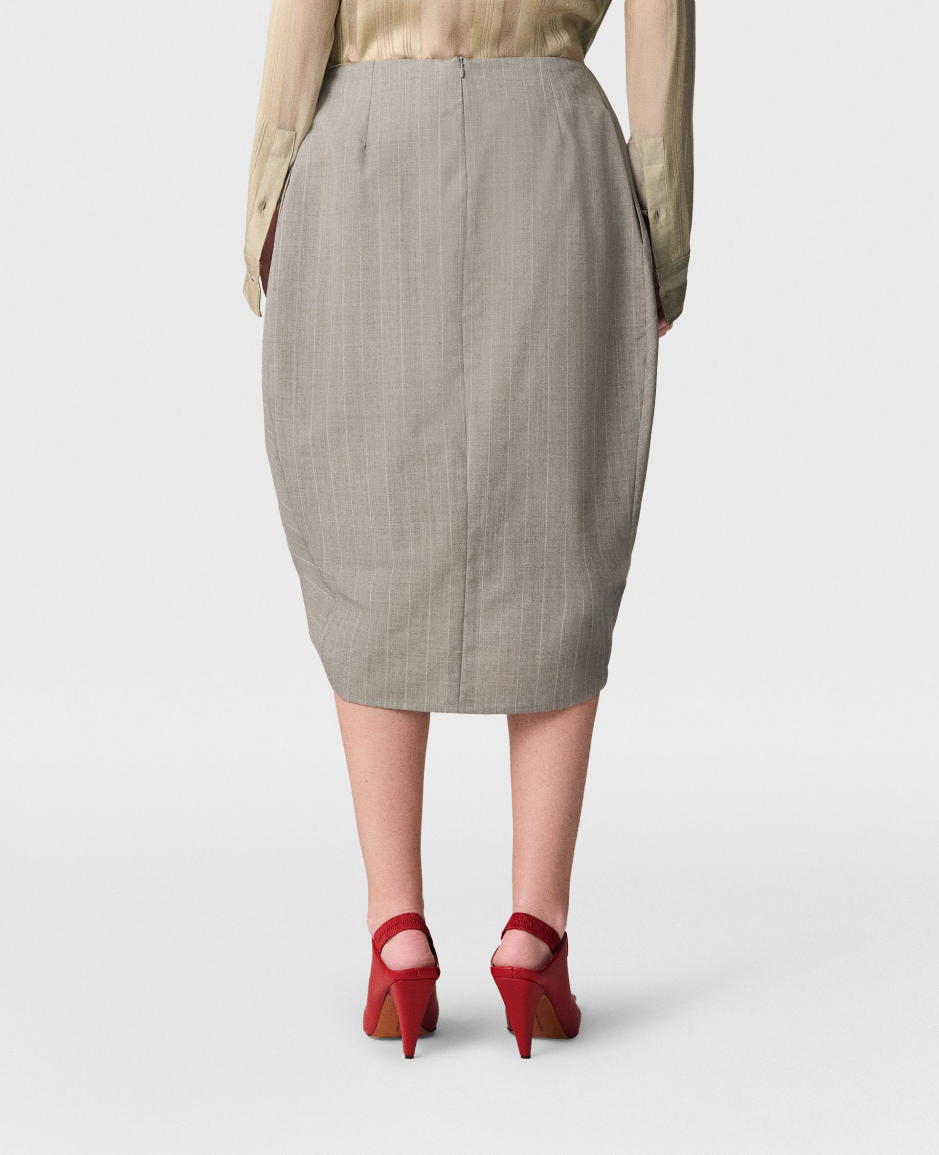 褶裥围裹式细条纹中长半身裙-灰色-large image number 2