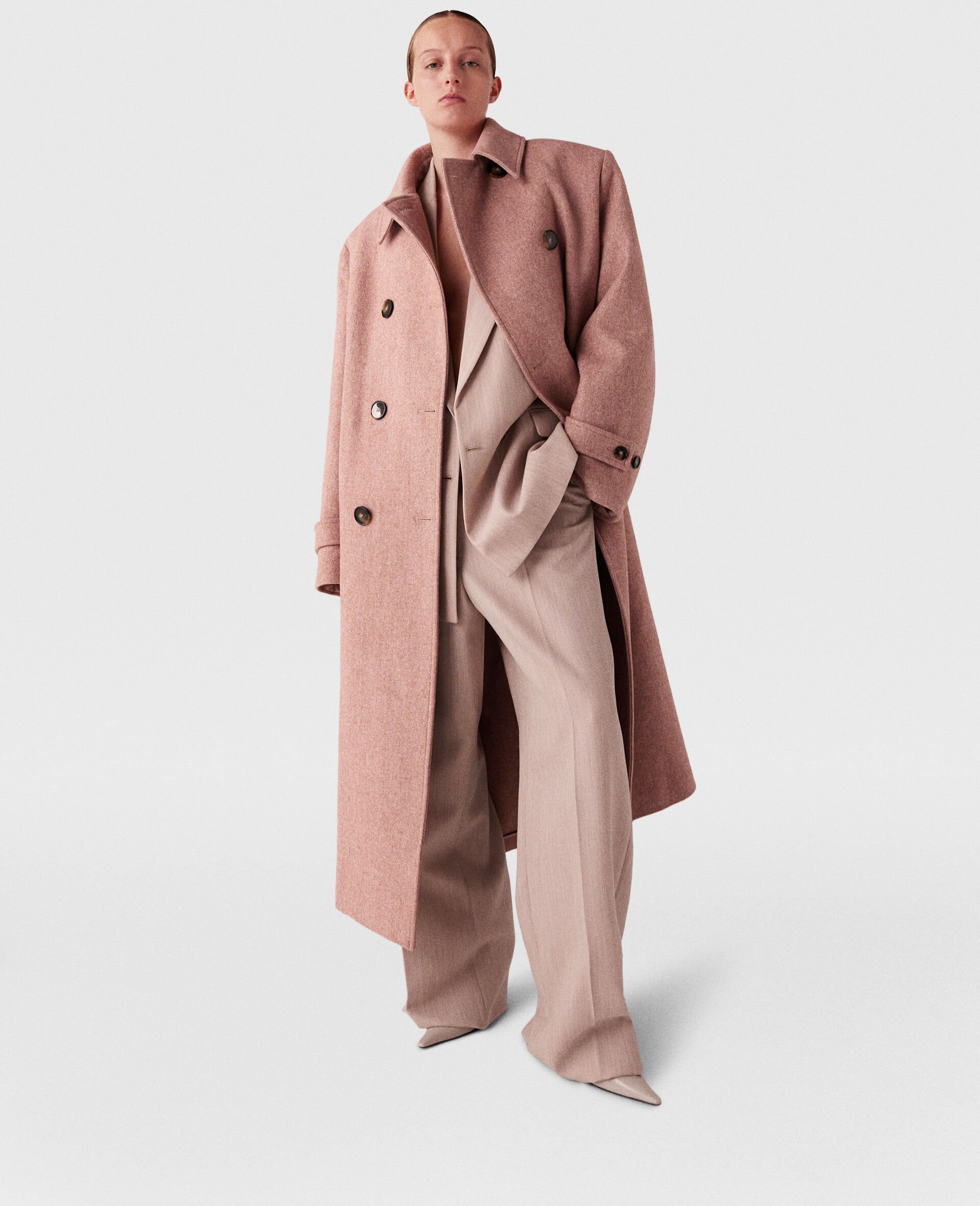 Double-Breasted Long Coat-Pink-model Double-Breasted Long Coat-Pink-model