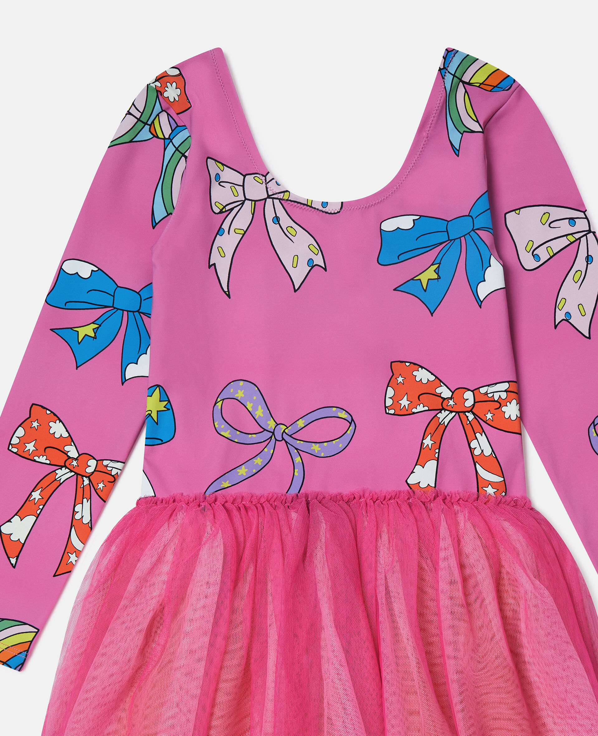 Bow Print Layered Tulle Dress-Pink-medium