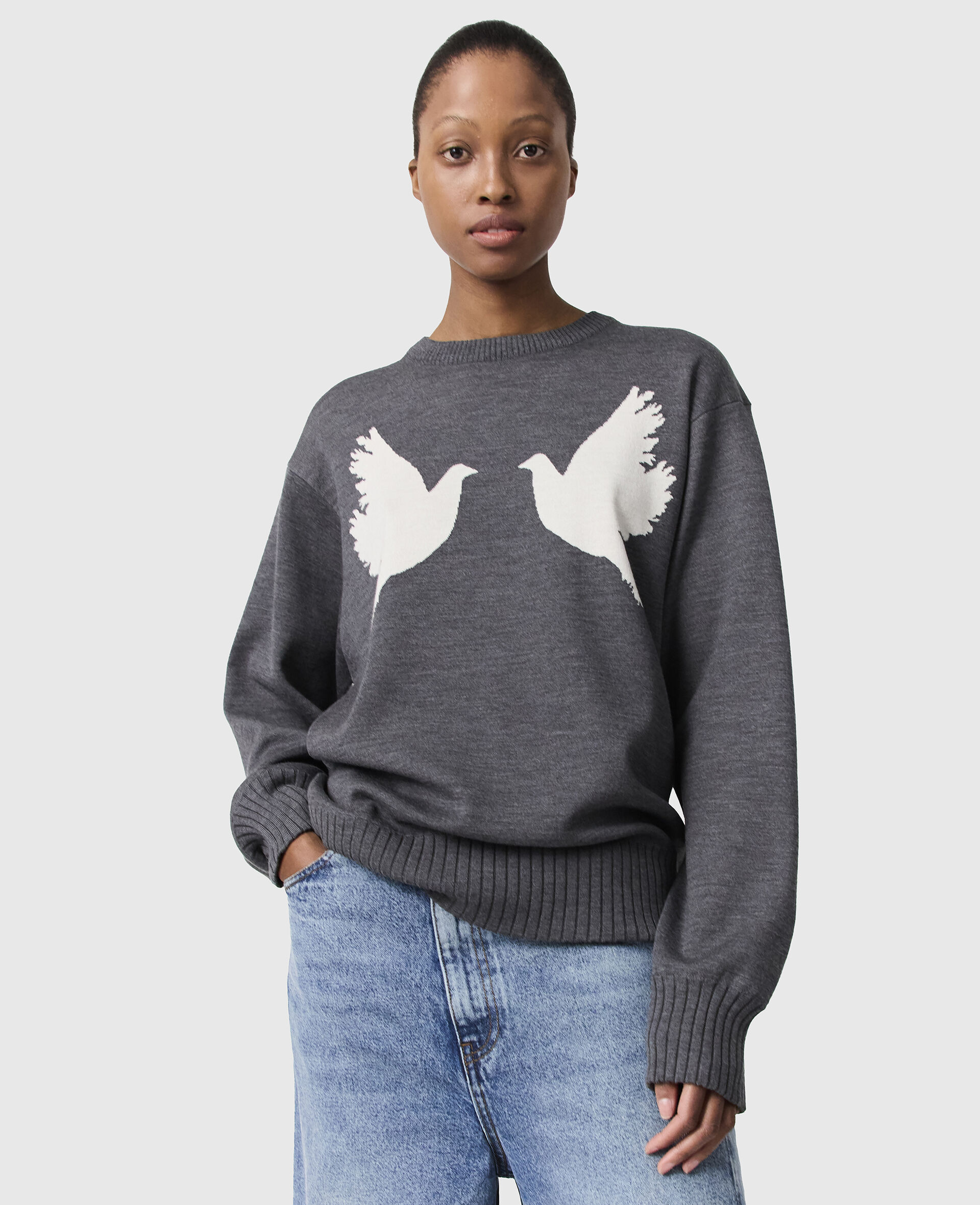 Dove Appliqué Crewneck Jumper-Grey-model Dove Appliqué Crewneck Jumper-Grey-model