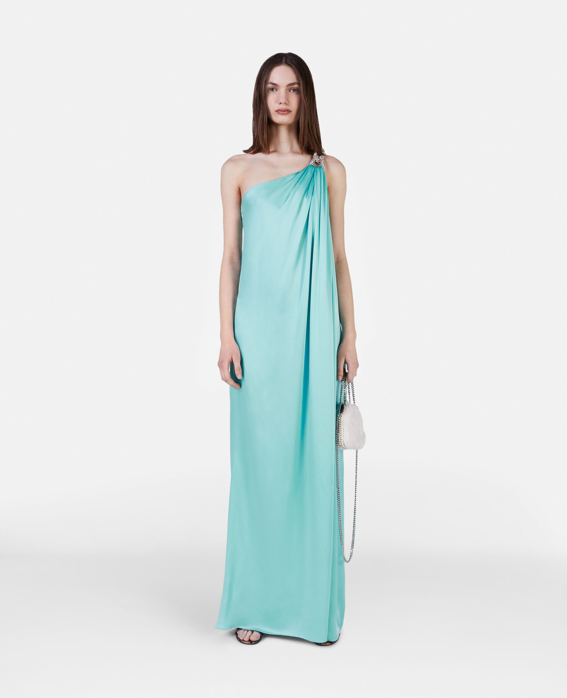 Kleid Falabella aus Satin mit Kristallkette-Blau-model