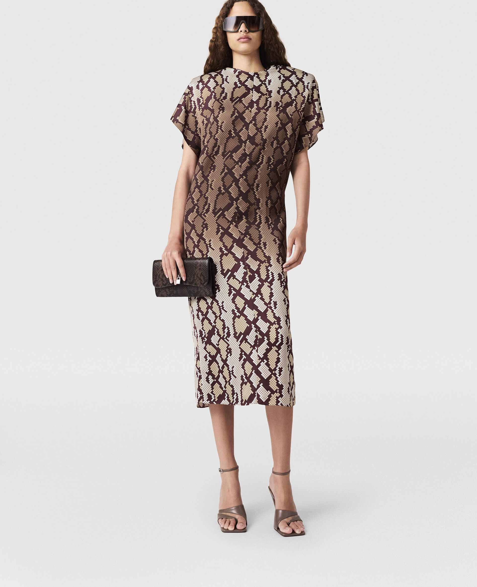 Snake Print Shoulder Pad Midi Dress-Brown-large image number 1