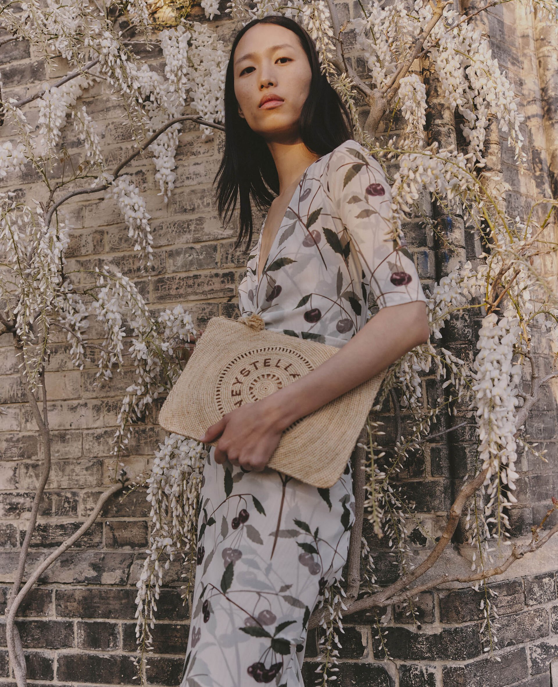 Cherry Print Mesh Half Sleeve Midi Dress-Beige-large image number 7