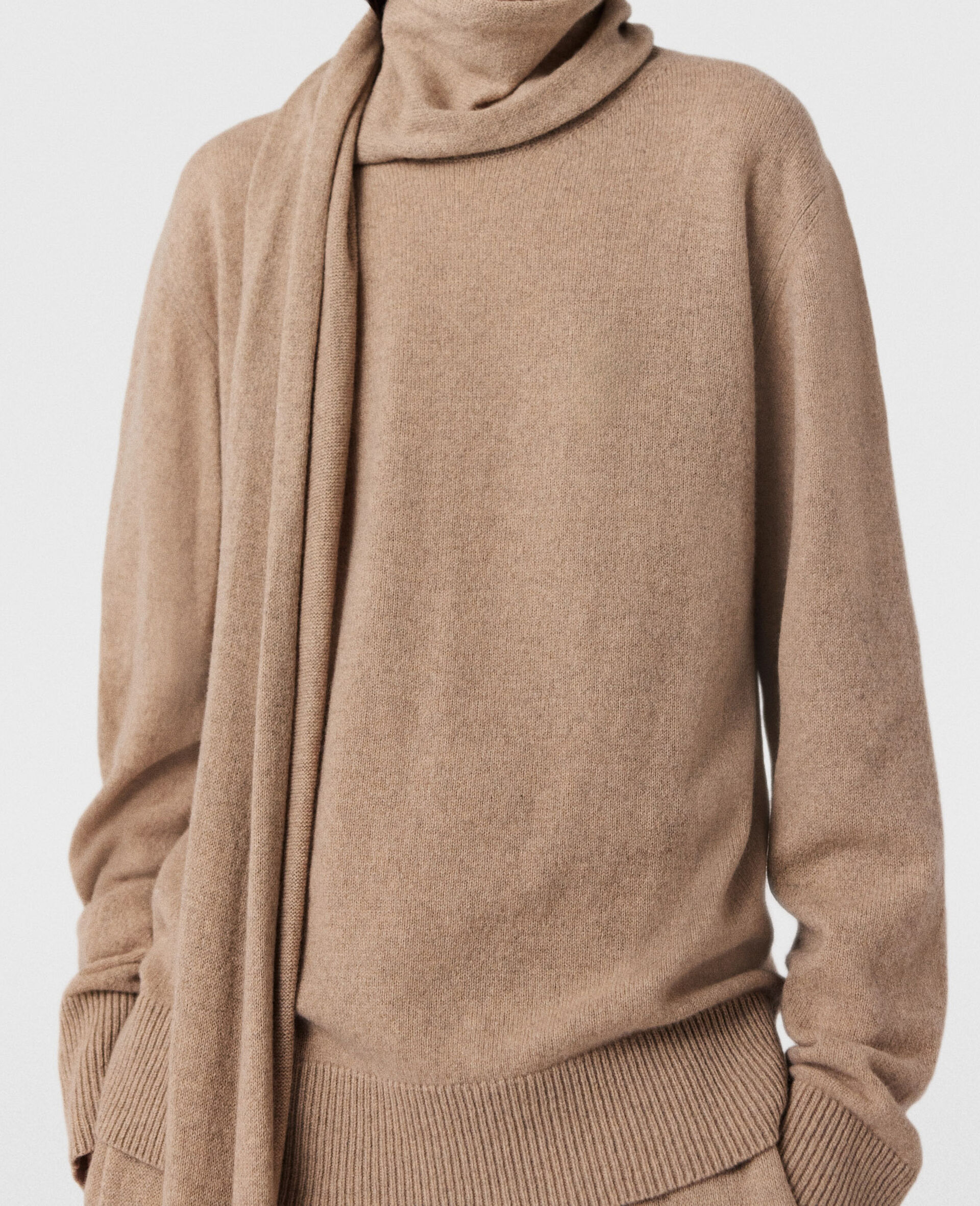 Scarf Detail Long Sleeve Jumper-Beige-large image number 1