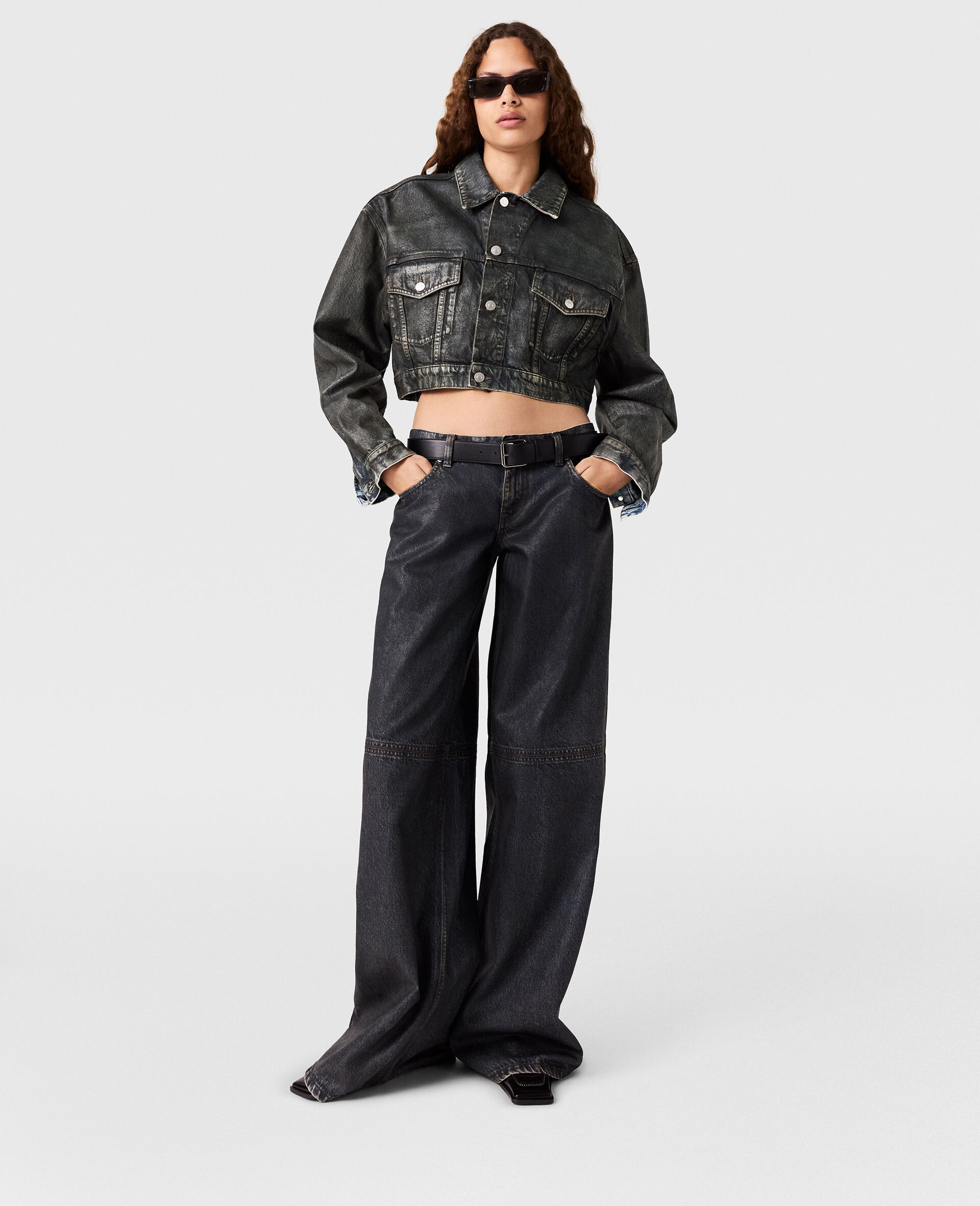 Aged Panelled Cropped Denim Jacket-Blue-large image number 5