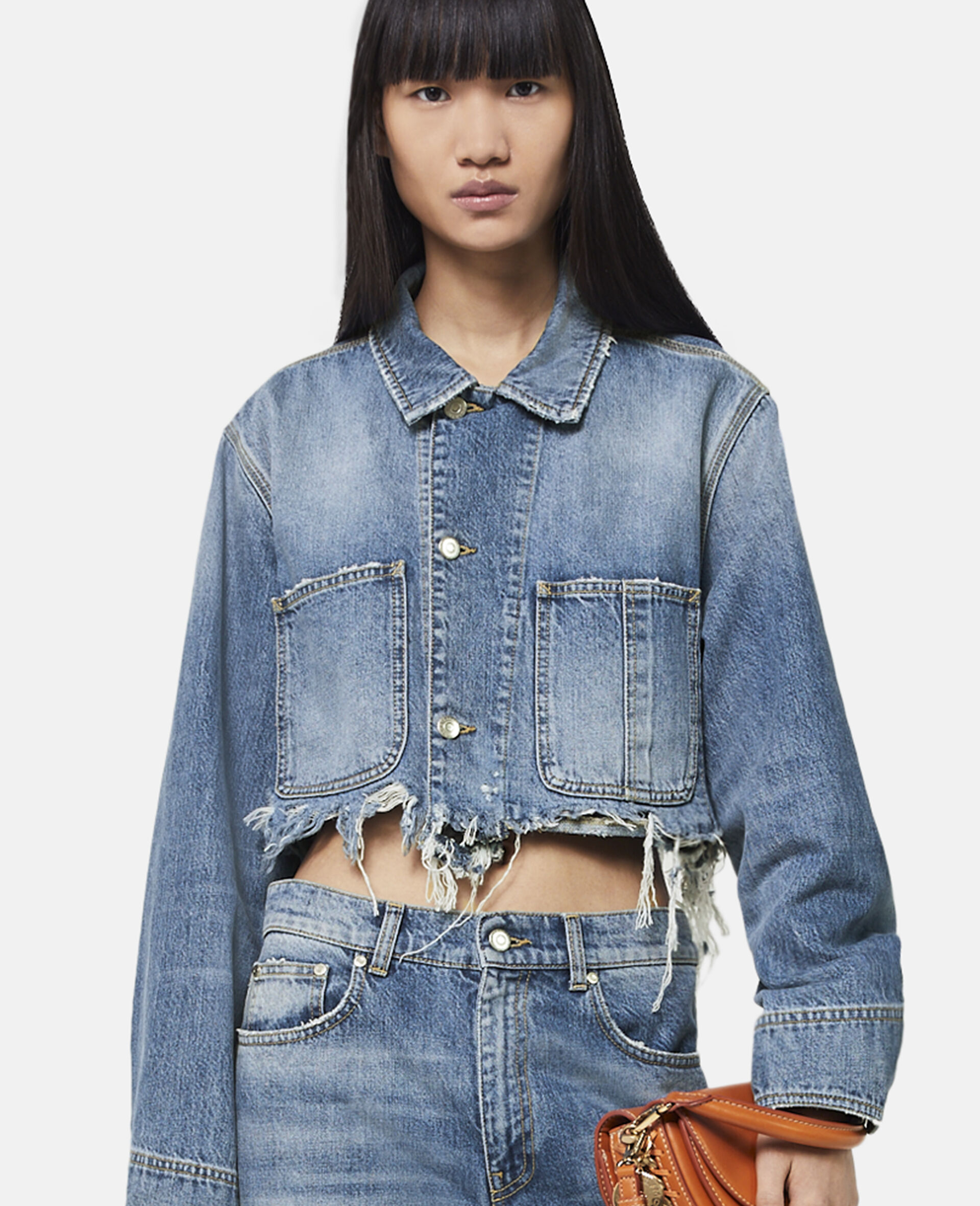 Vintage Wash Distressed Cropped Denim Jacket-Blue-large image number 3